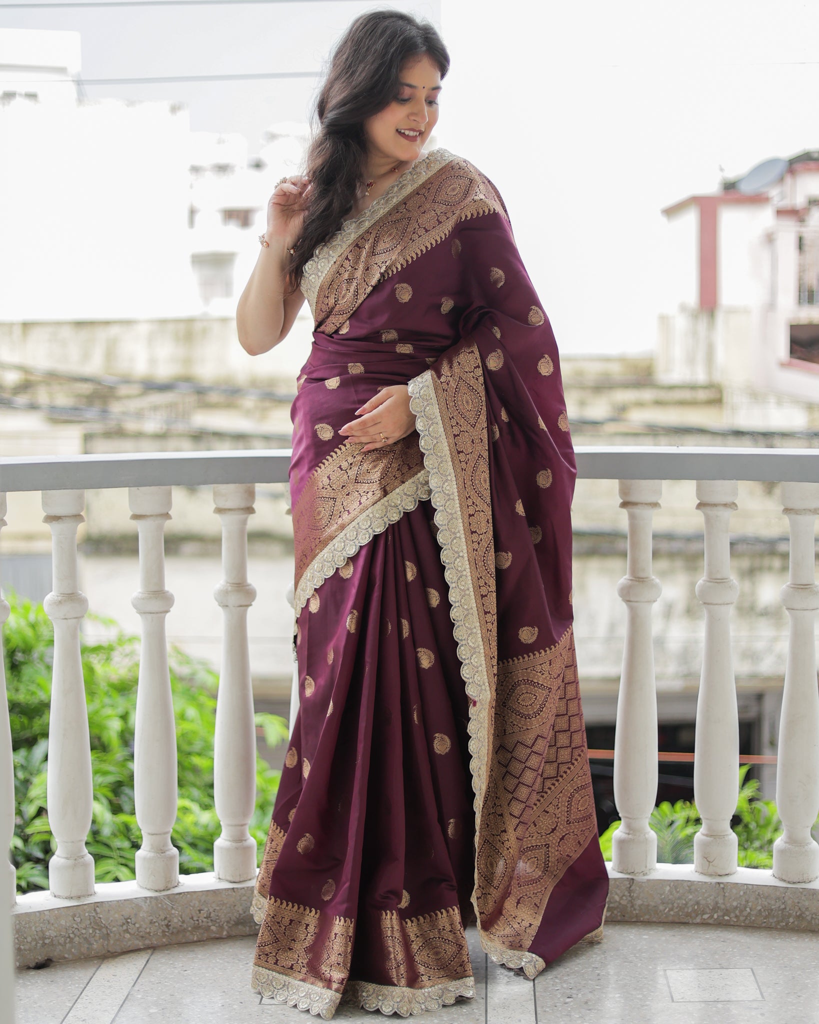 Banarasi Cotton Silk Saree with Lace Border- Wine