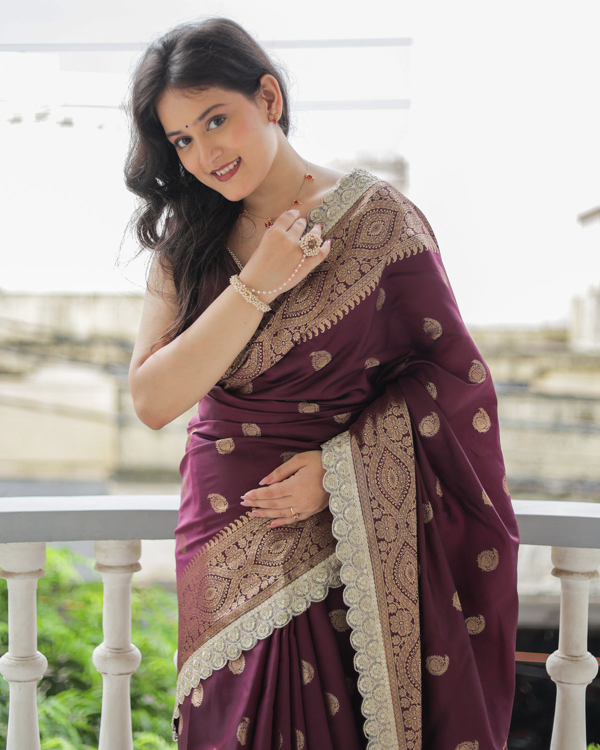 Banarasi Cotton Silk Saree with Lace Border- Wine