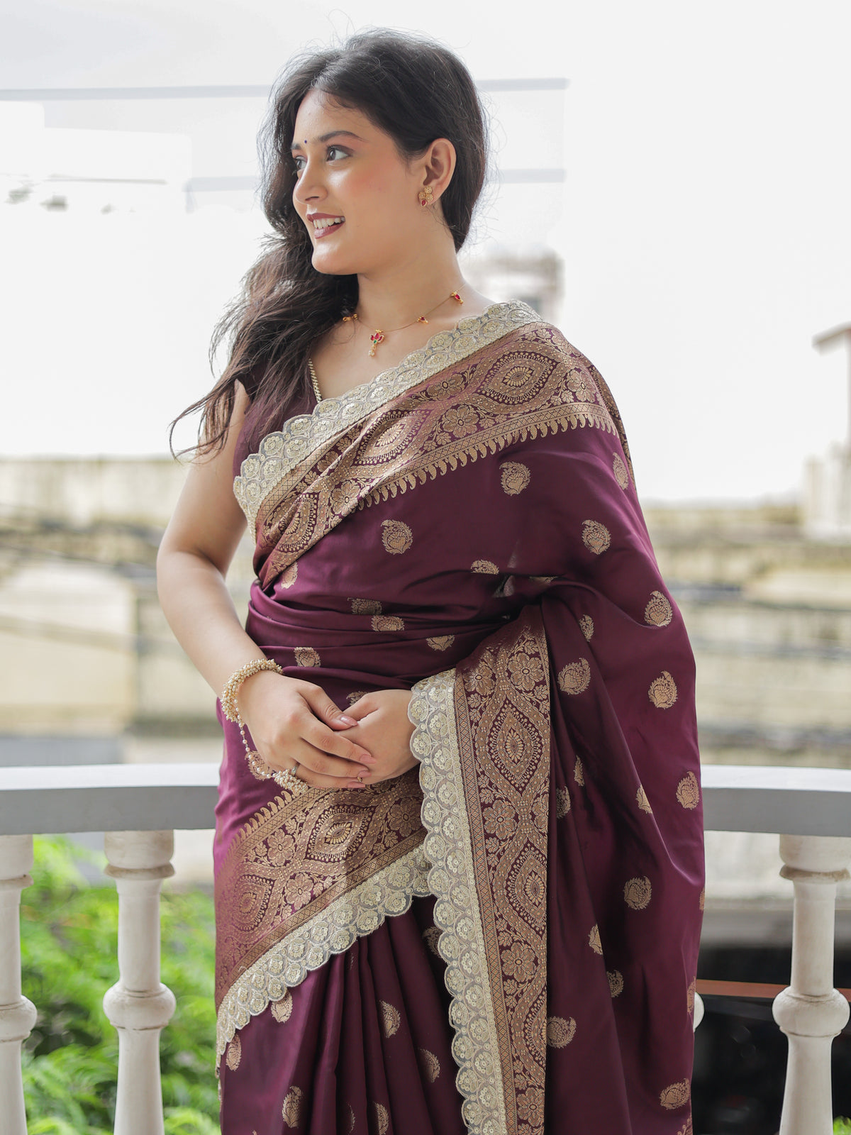 Banarasi Cotton Silk Saree with Lace Border- Wine