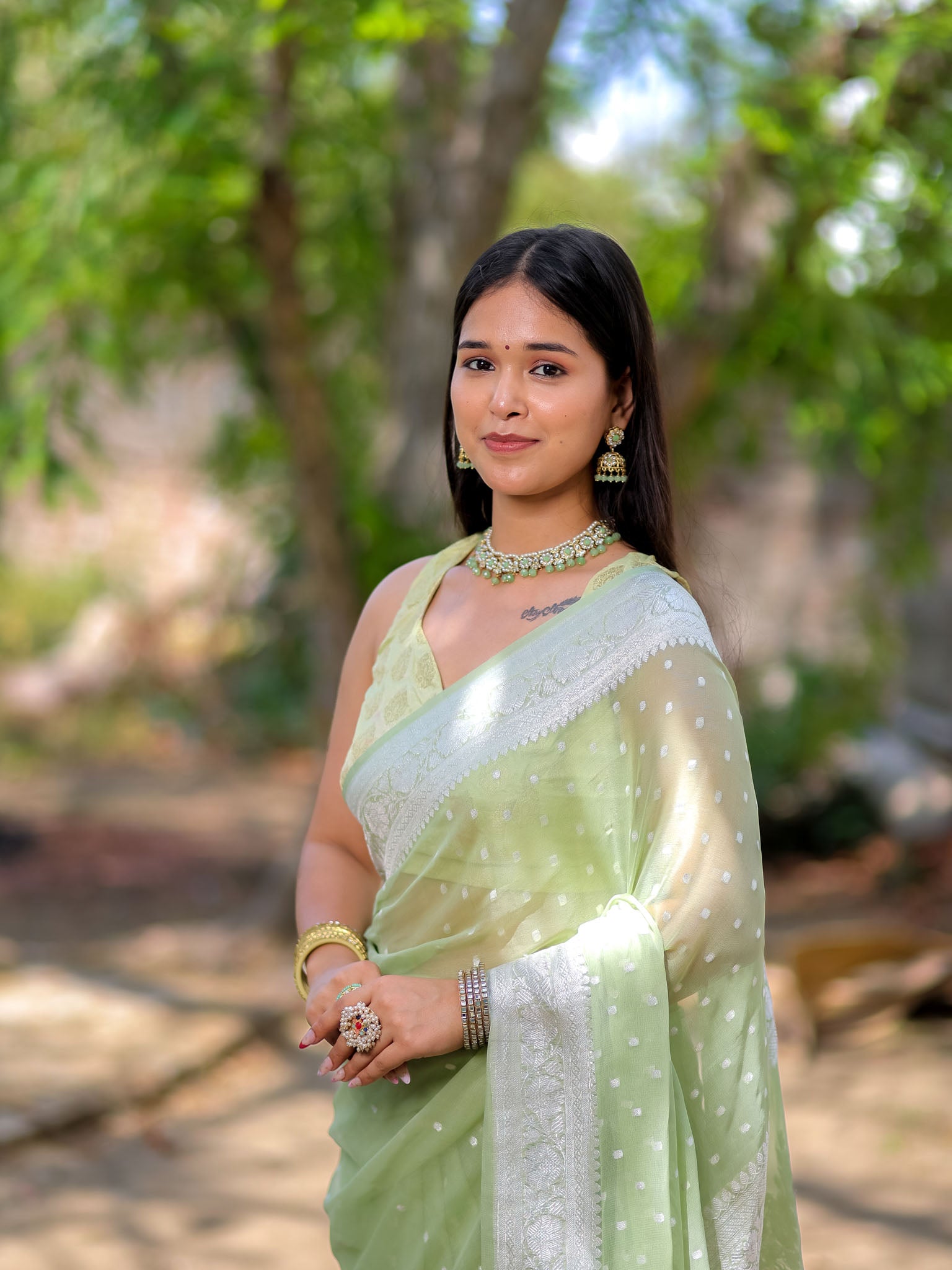 Banarasi Pure Khaddi Georgette Saree With Buti Weaving-Pastel Green