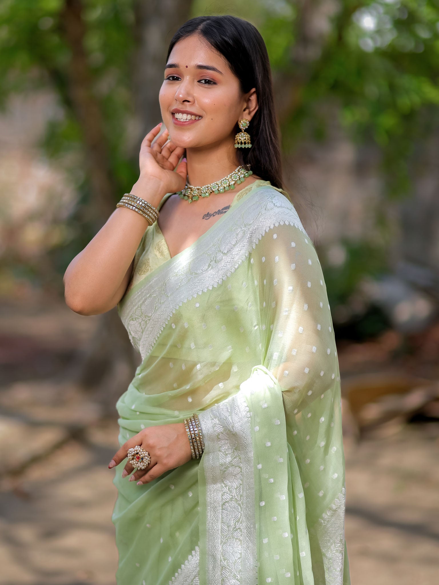 Banarasi Pure Khaddi Georgette Saree With Buti Weaving-Pastel Green