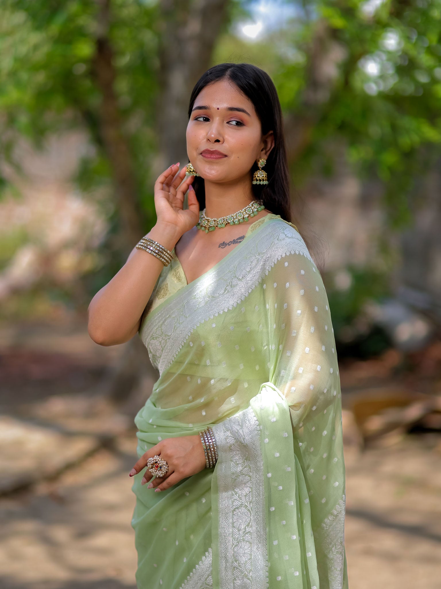 Banarasi Pure Khaddi Georgette Saree With Buti Weaving-Pastel Green