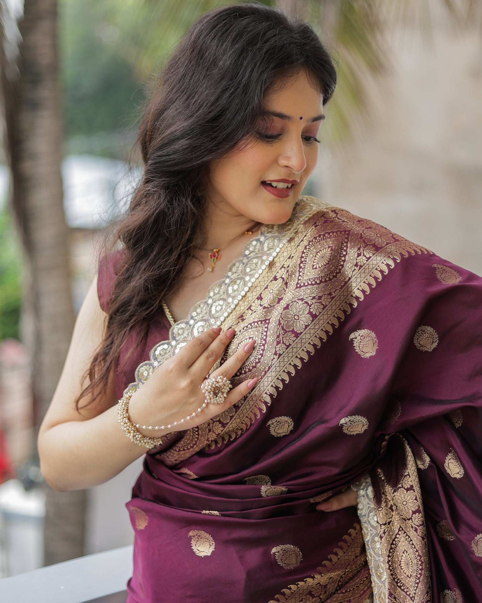 Banarasi Cotton Silk Saree with Lace Border- Wine