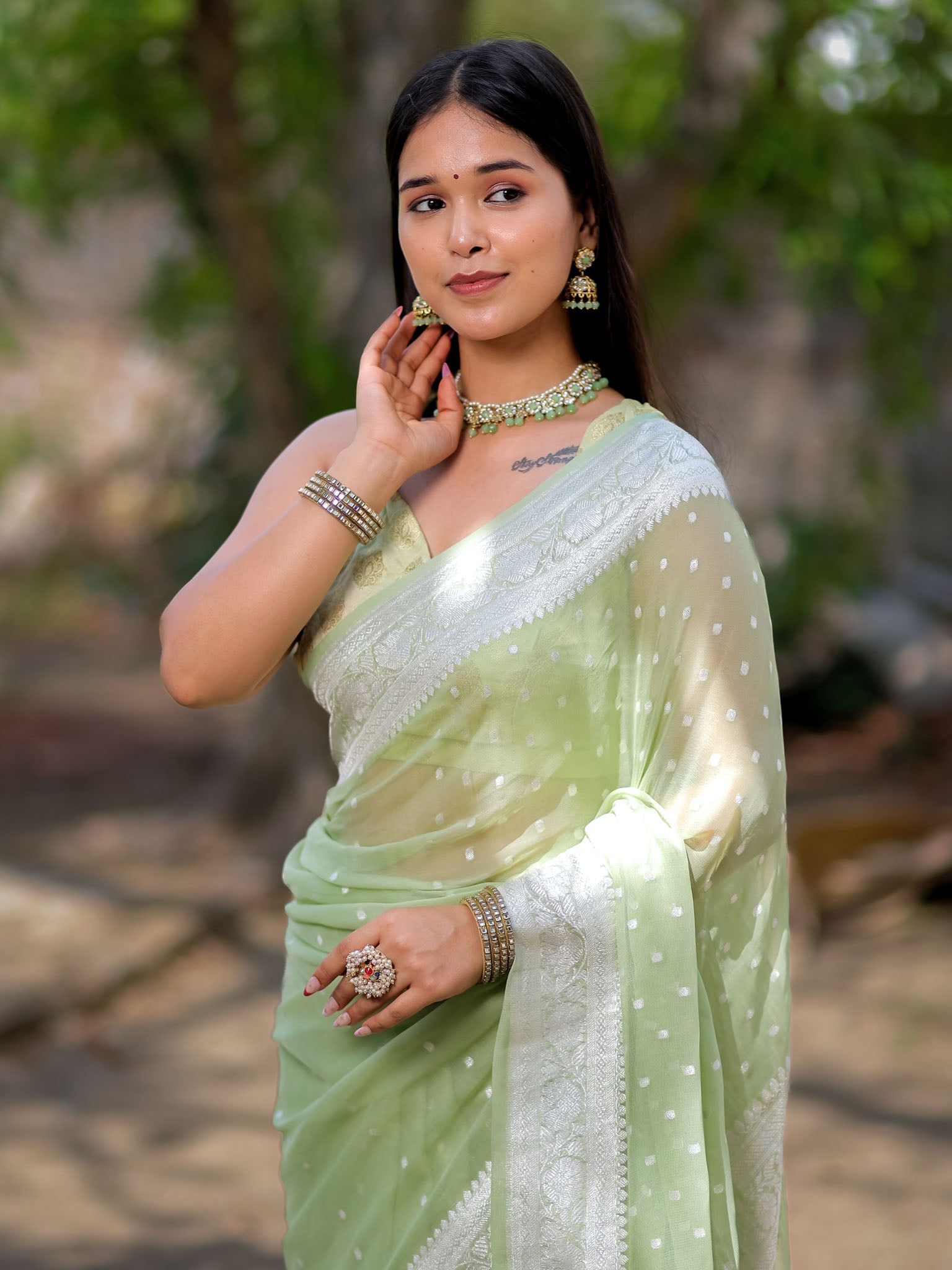 Banarasi Pure Khaddi Georgette Saree With Buti Weaving-Pastel Green