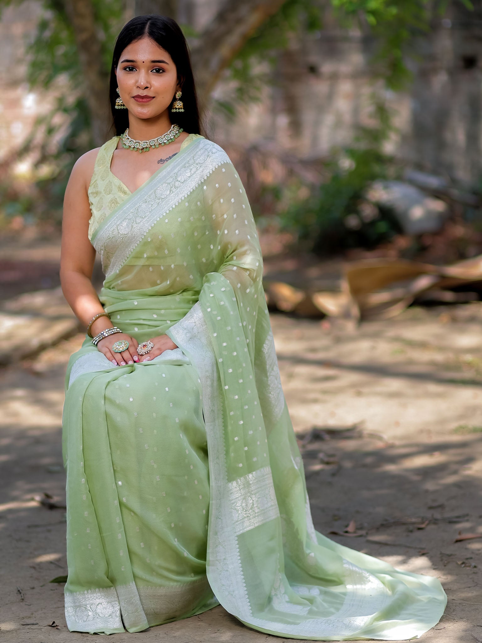 Banarasi Pure Khaddi Georgette Saree With Buti Weaving-Pastel Green