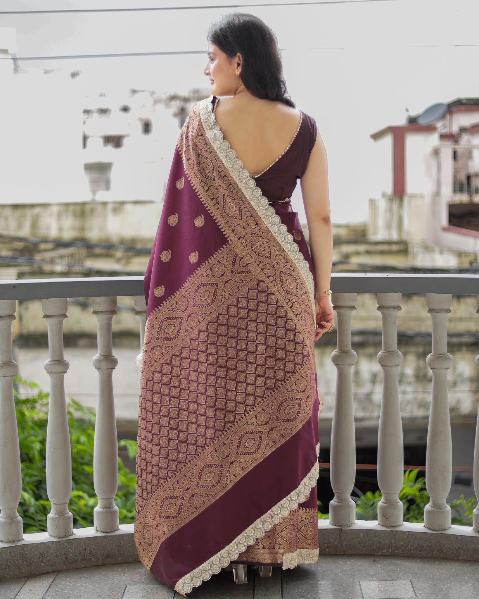 Banarasi Cotton Silk Saree with Lace Border- Wine