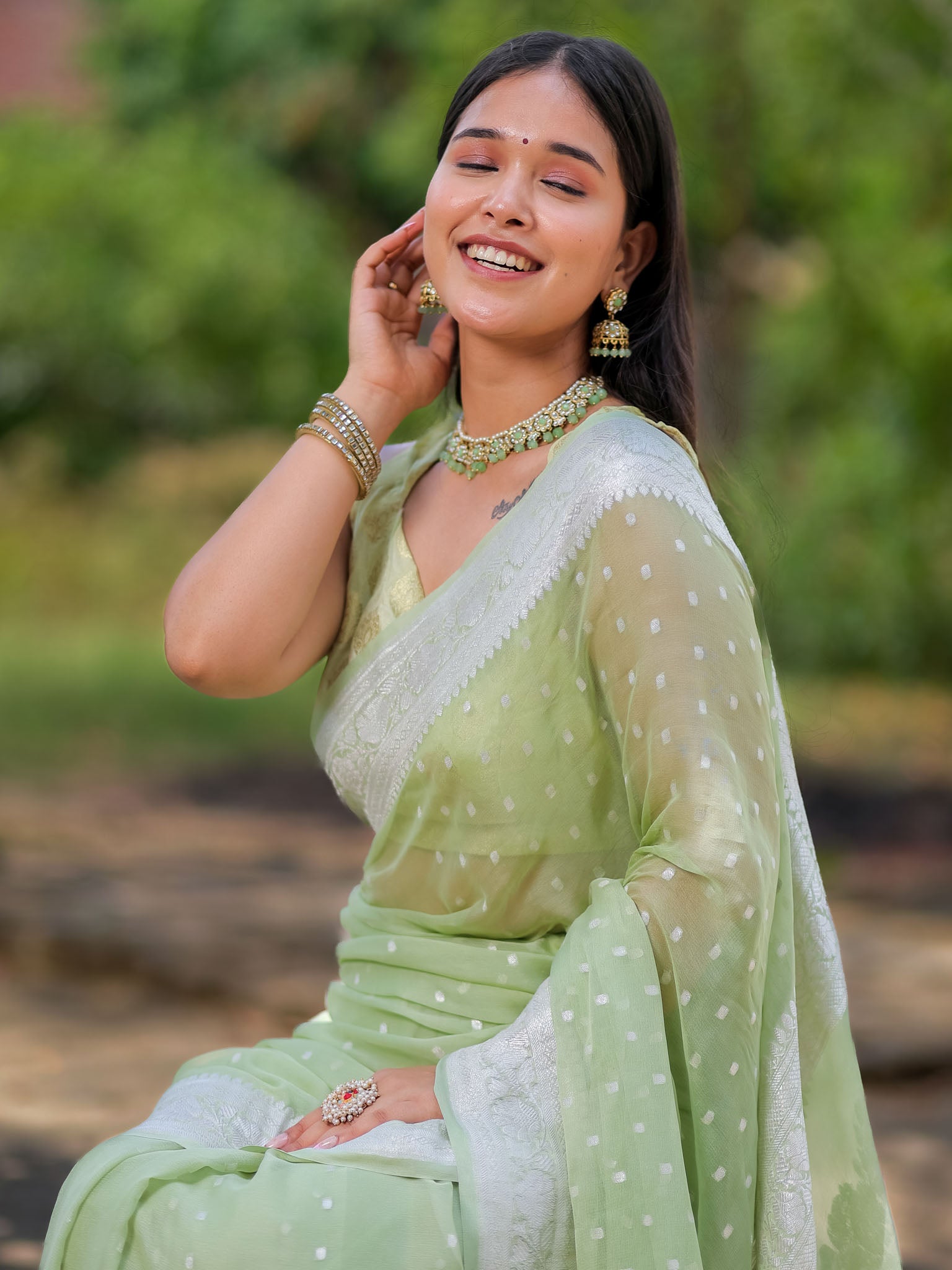 Banarasi Pure Khaddi Georgette Saree With Buti Weaving-Pastel Green