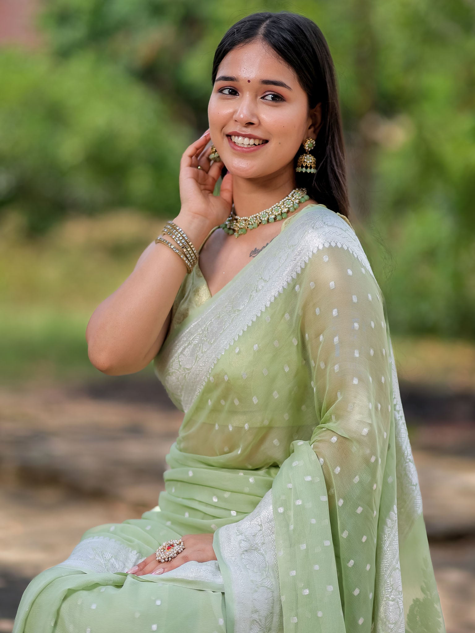 Banarasi Pure Khaddi Georgette Saree With Buti Weaving-Pastel Green