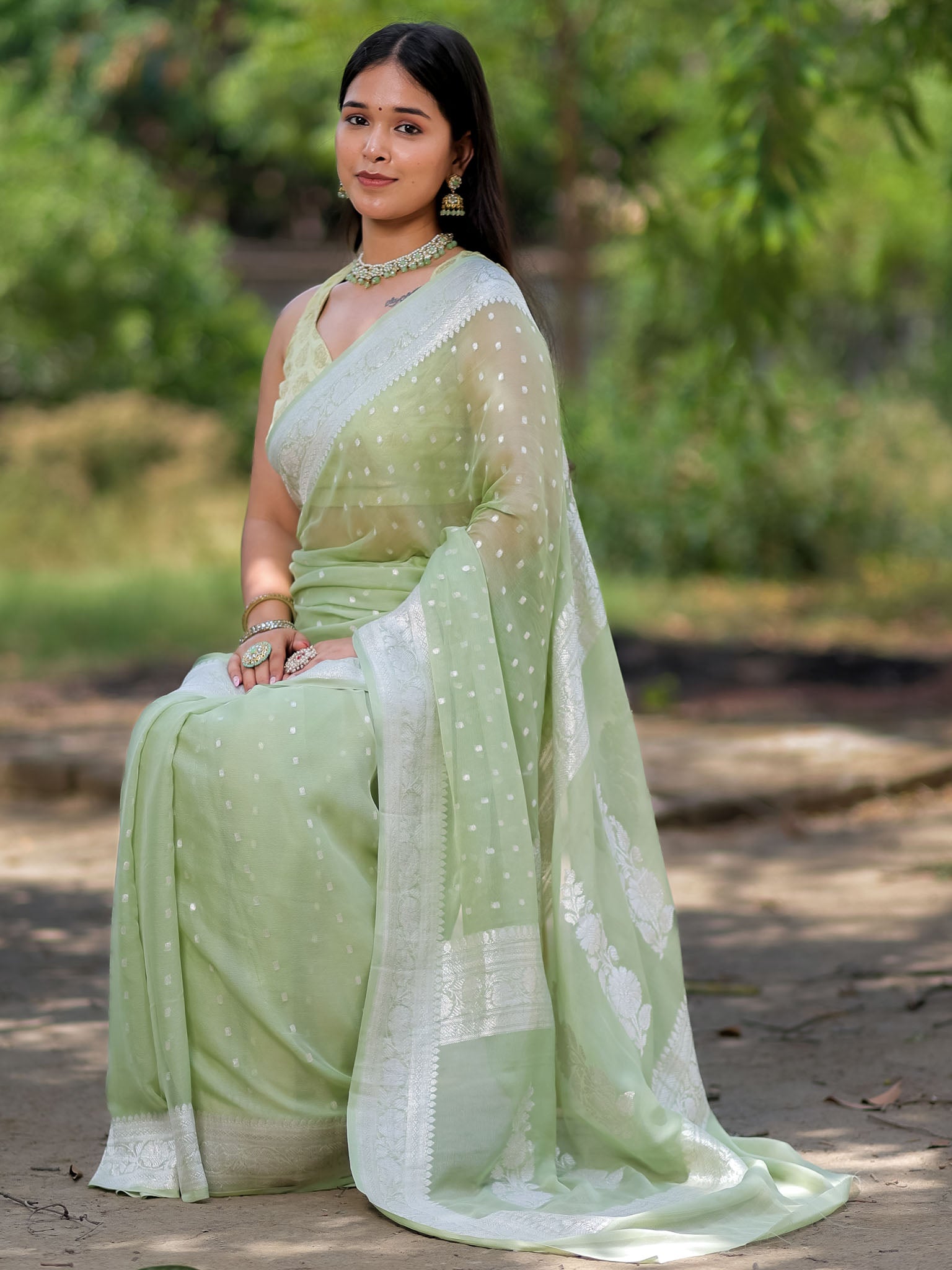 Banarasi Pure Khaddi Georgette Saree With Buti Weaving-Pastel Green