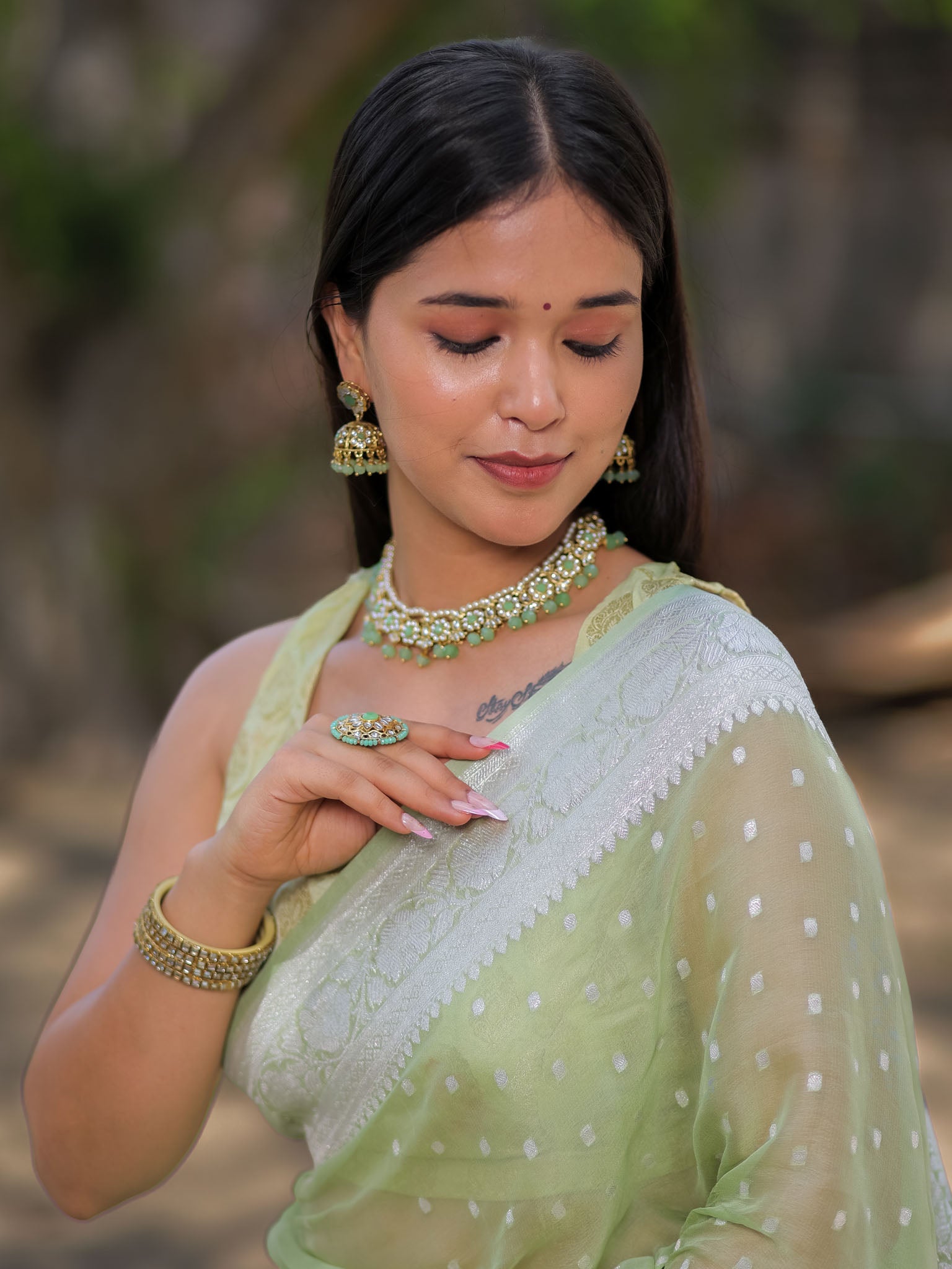 Banarasi Pure Khaddi Georgette Saree With Buti Weaving-Pastel Green