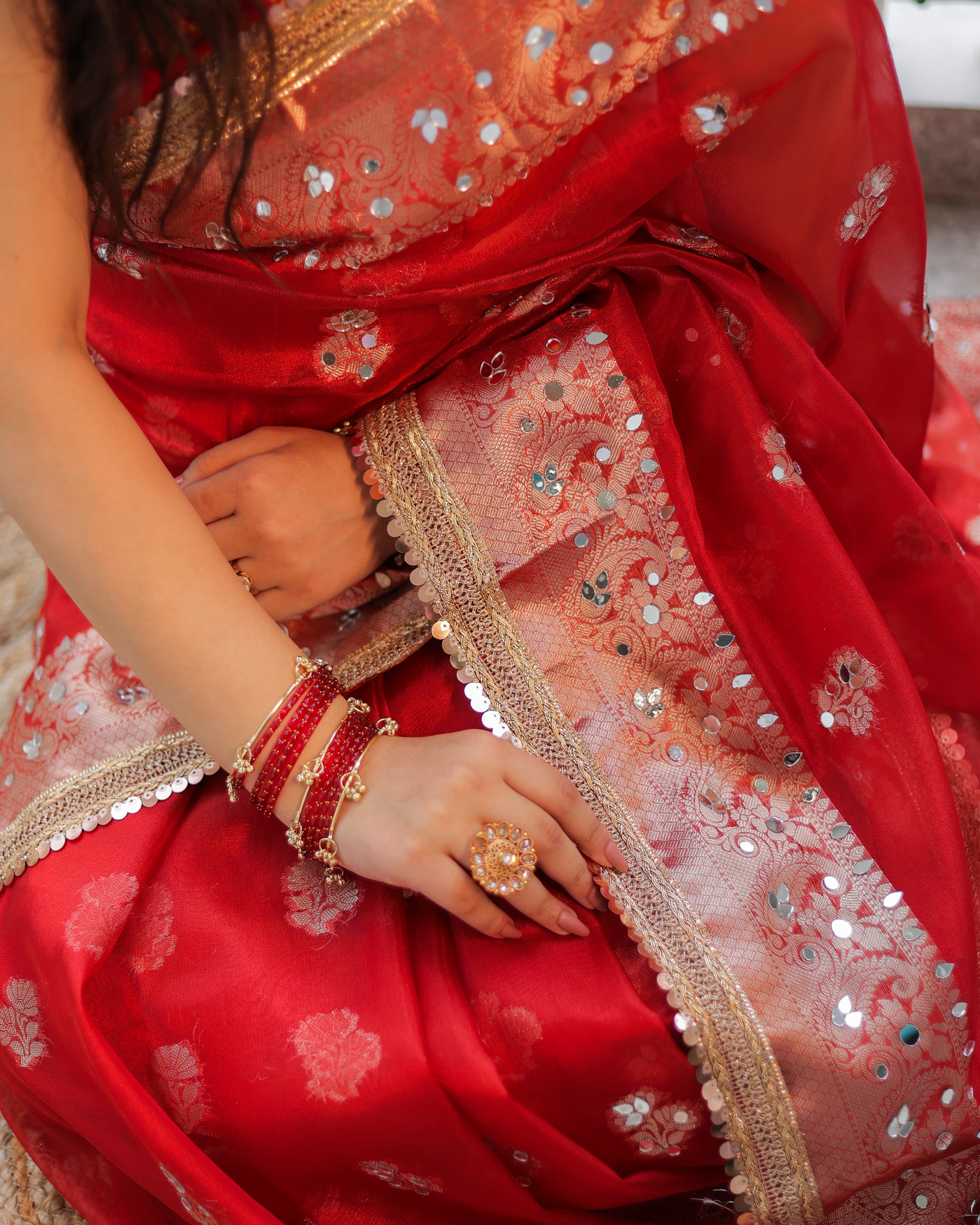 Banarasi Mirror Work Tissue Saree with Lace Border - Red