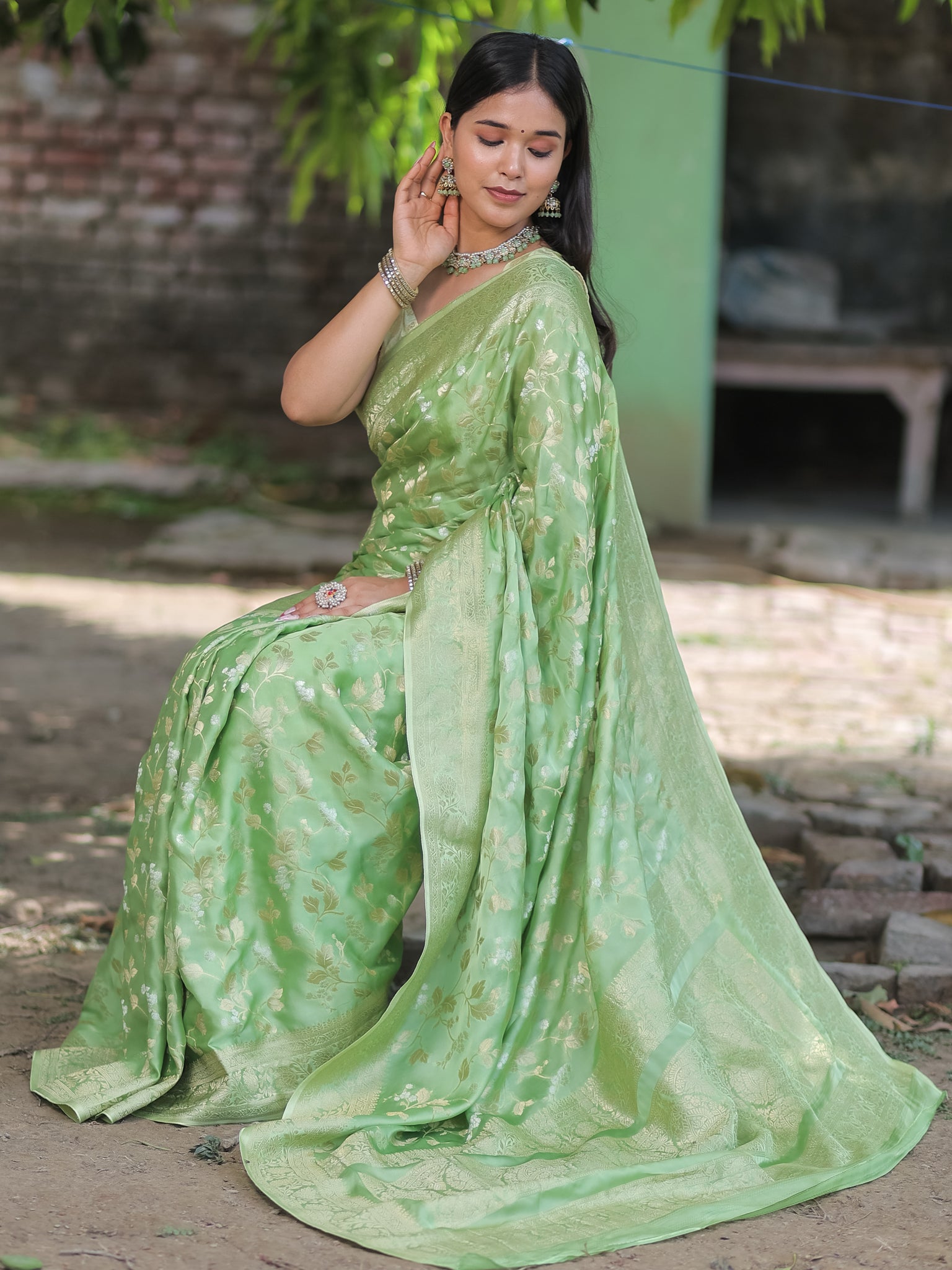 Banarasi Satin Silk Saree With Floral Weaving & Border- Green
