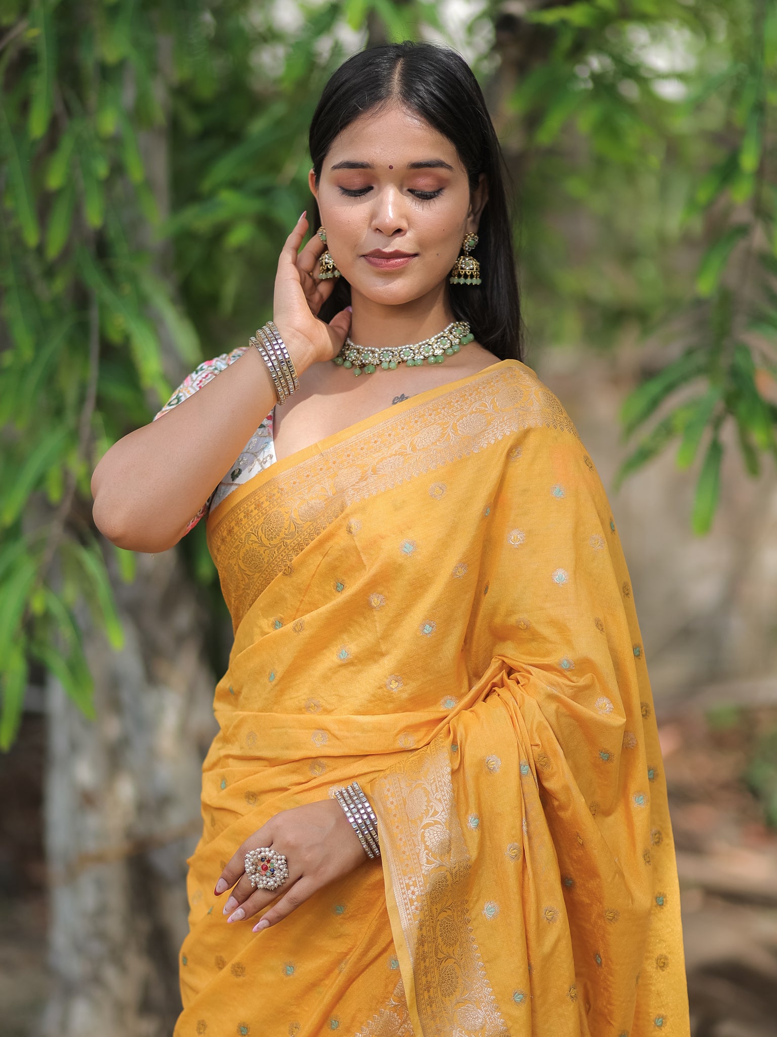 Banarasi Semi Dupion Katan Saree With Zari Weaving & Border- Yellow
