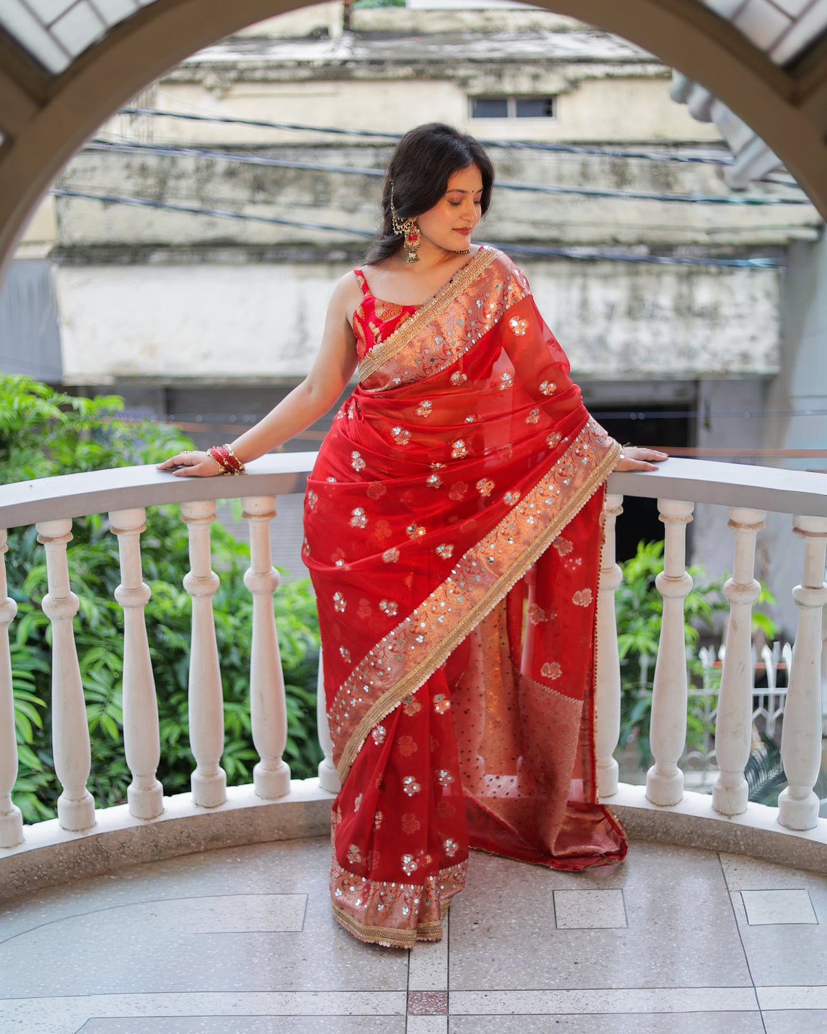 Banarasi Mirror Work Tissue Saree with Lace Border - Red