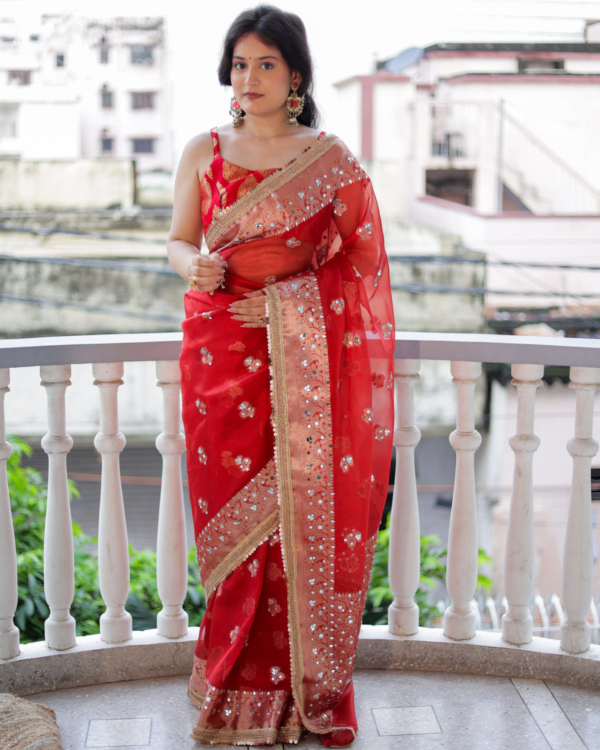 Banarasi Mirror Work Tissue Saree with Lace Border - Red