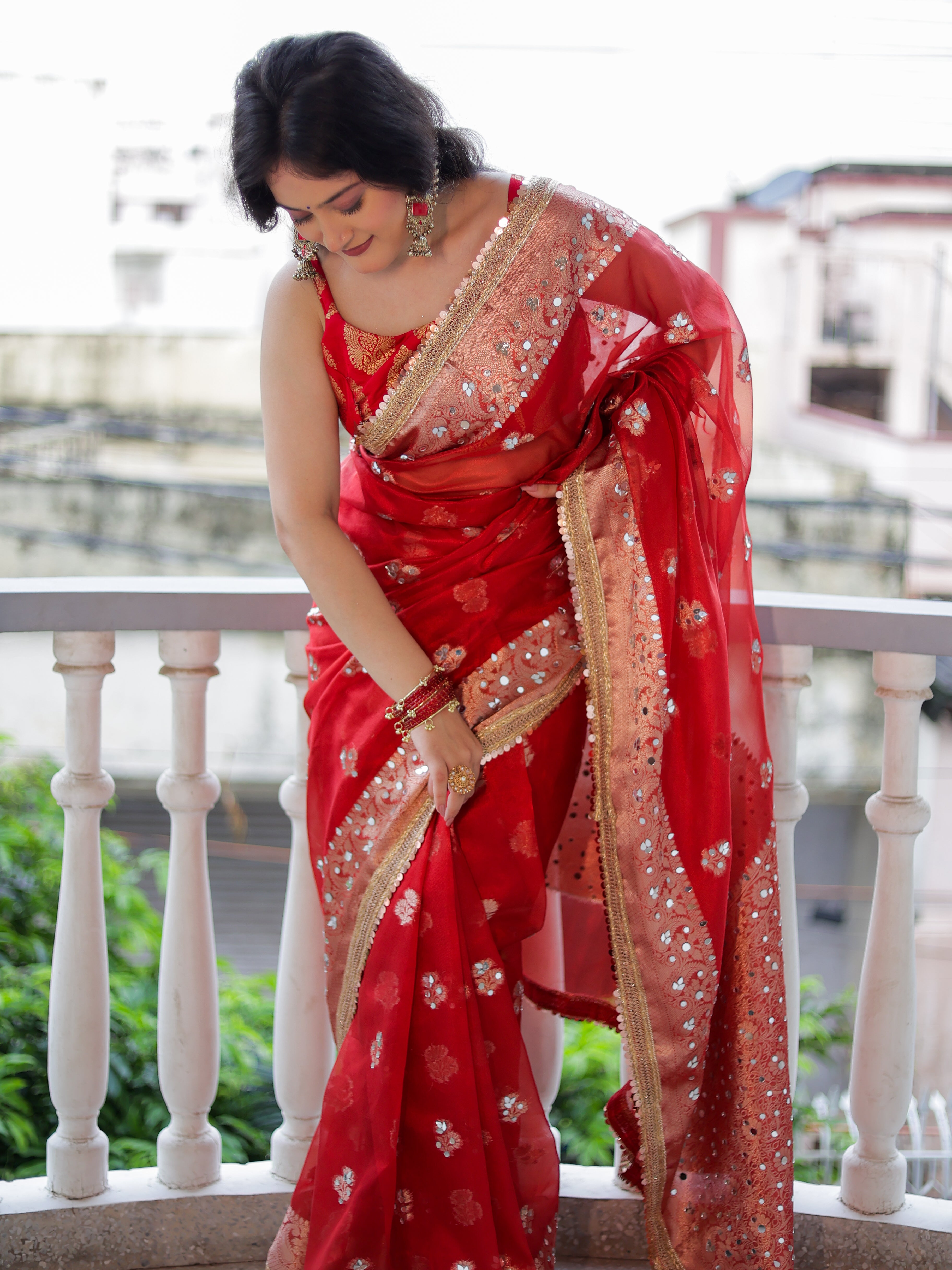 Banarasi Mirror Work Tissue Saree with Lace Border - Red