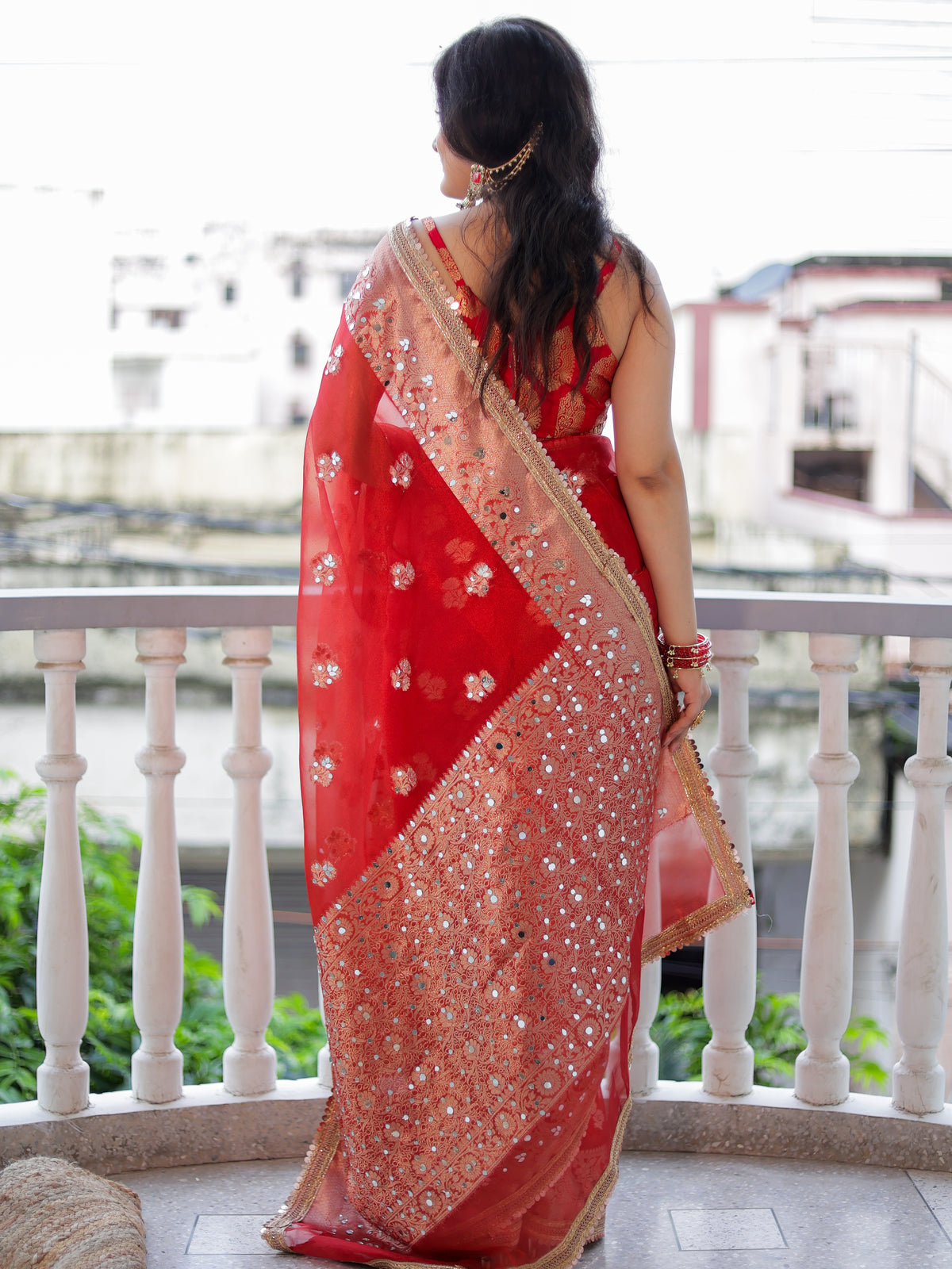 Banarasi Mirror Work Tissue Saree with Lace Border - Red