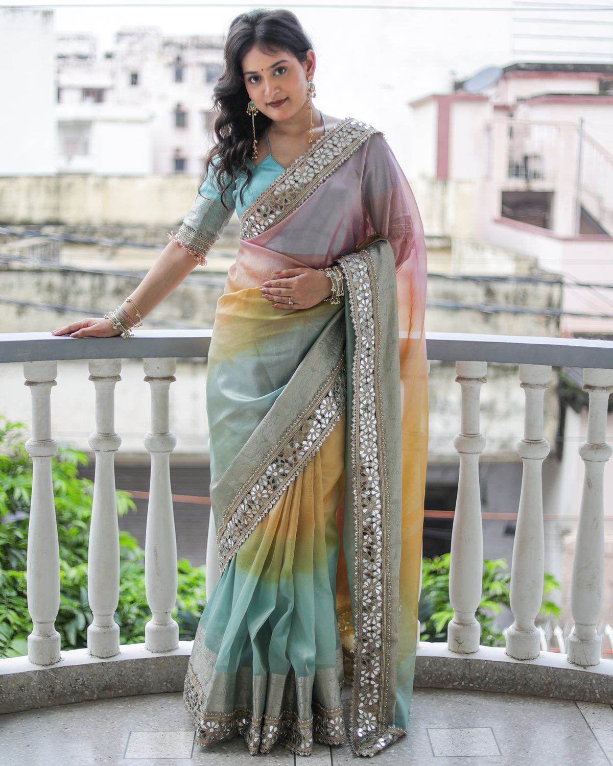 Banarasi  Multi Color Shaded Tissue Saree with Lace Border