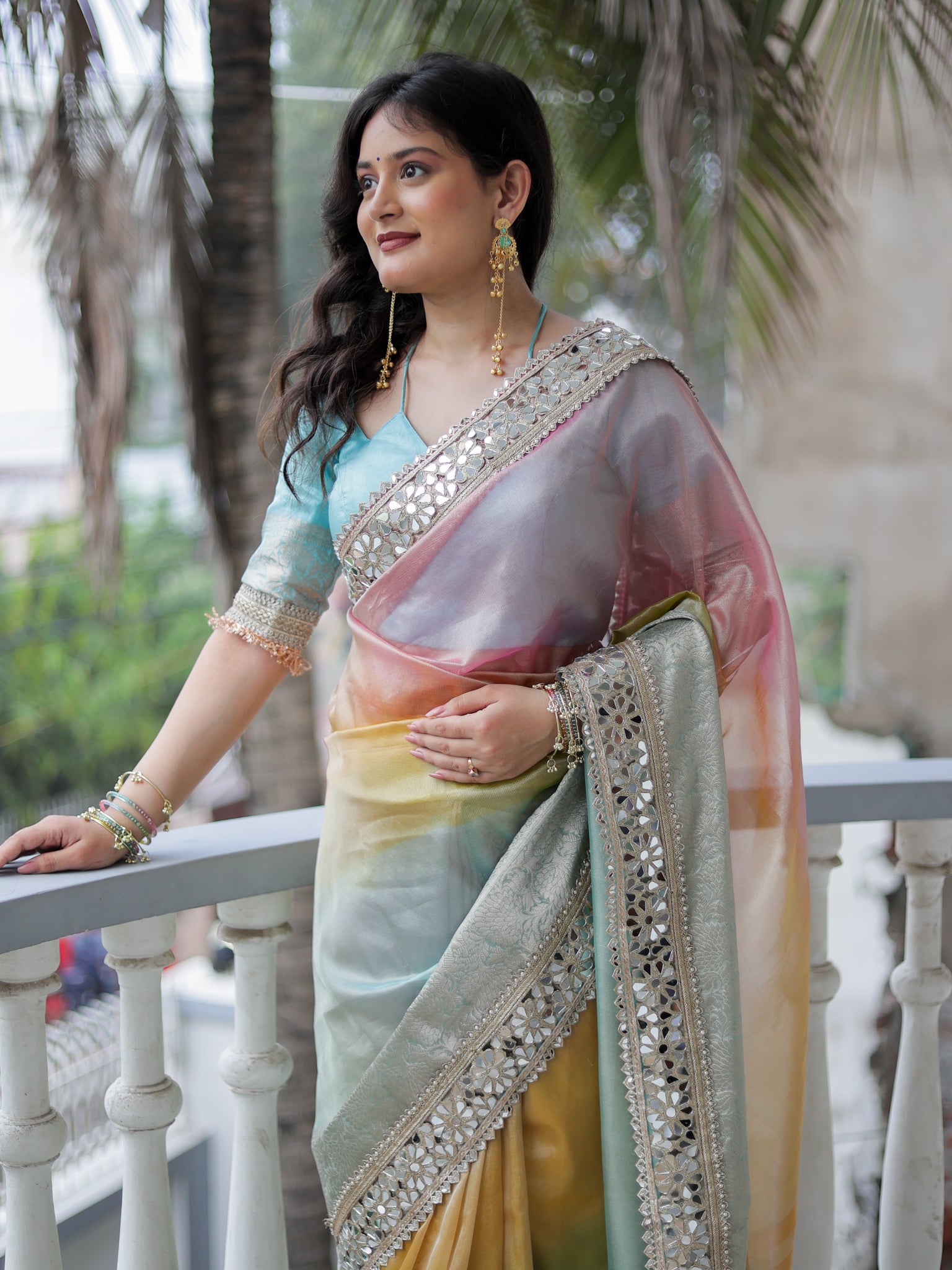 Banarasi  Multi Color Shaded Tissue Saree with Lace Border
