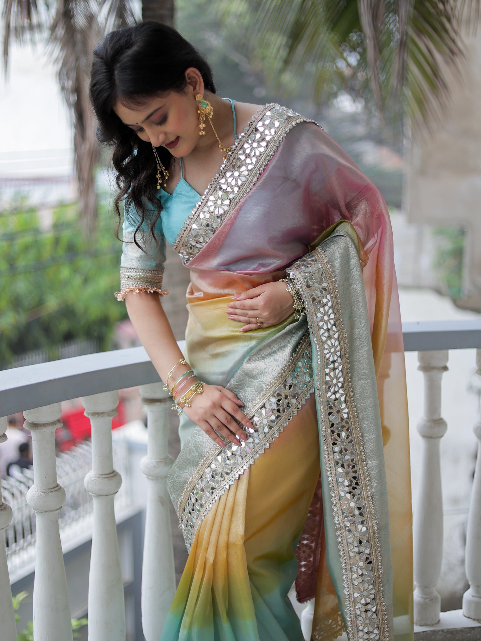 Banarasi  Multi Color Shaded Tissue Saree with Lace Border