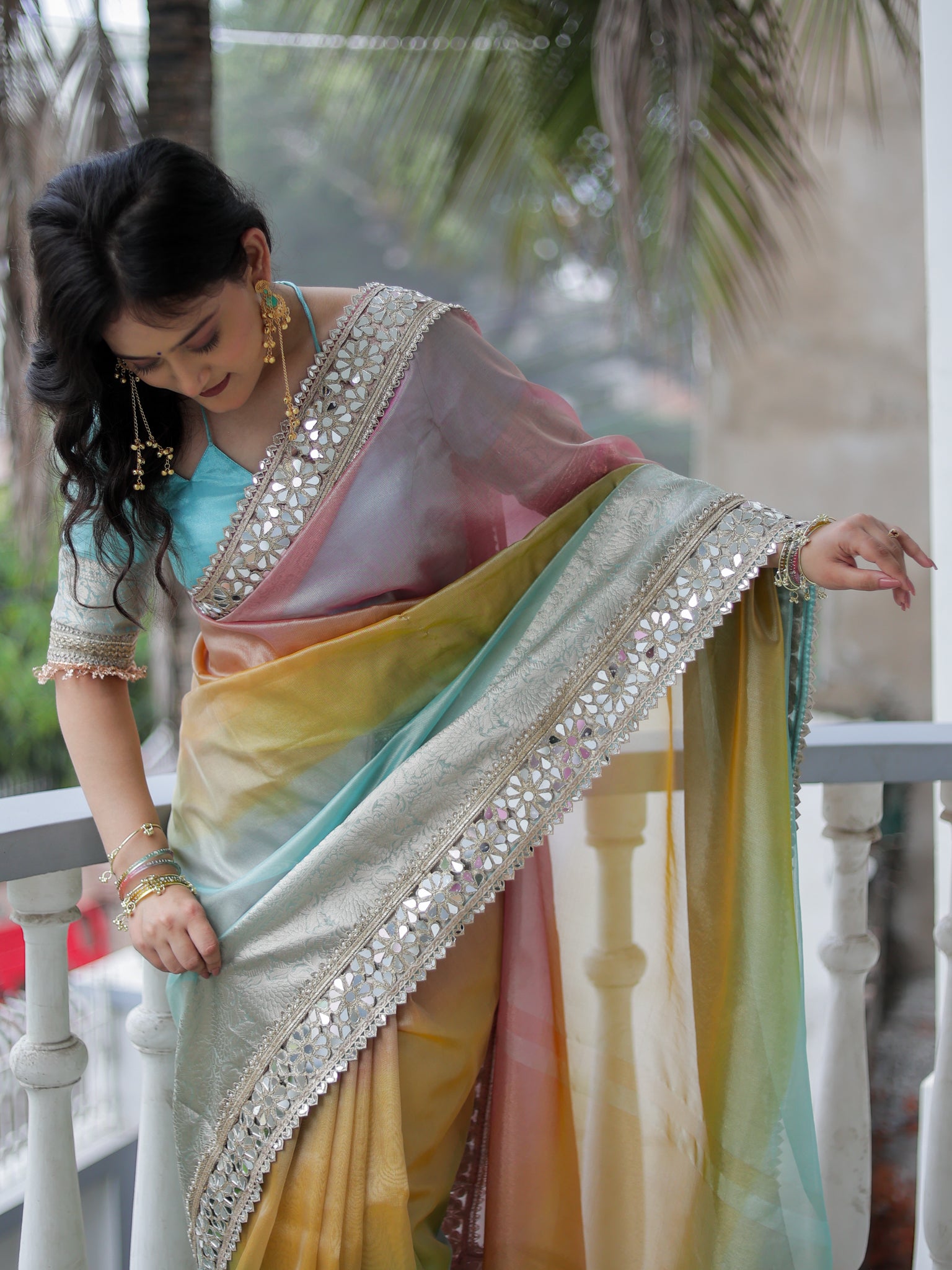 Banarasi  Multi Color Shaded Tissue Saree with Lace Border