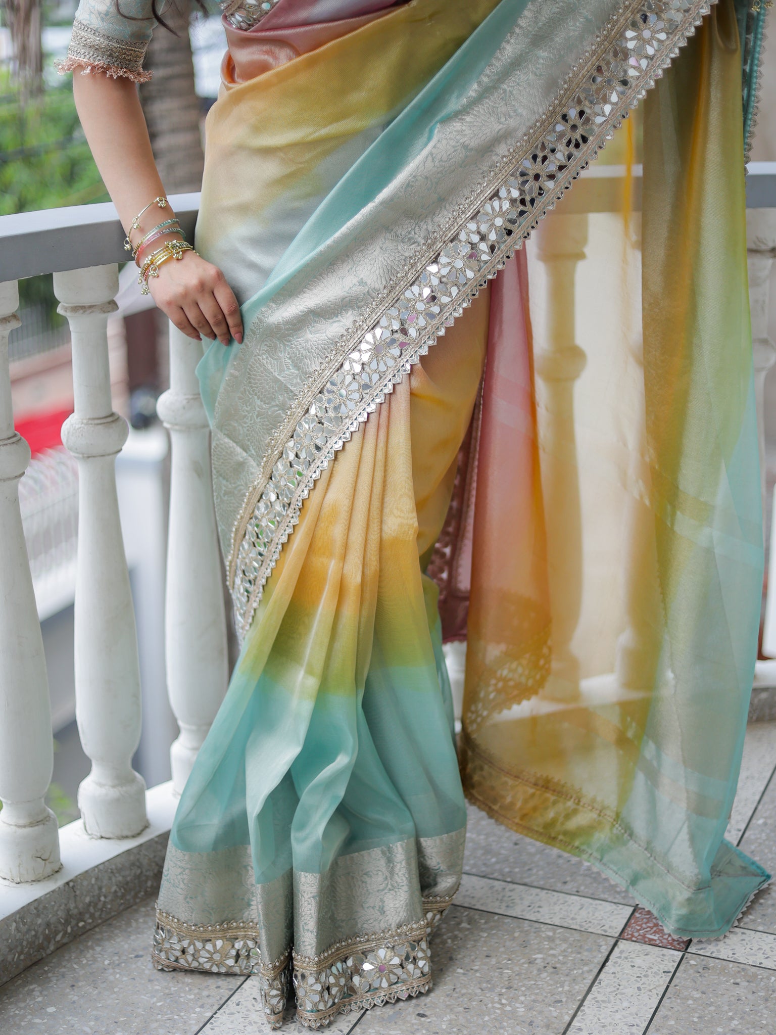 Banarasi  Multi Color Shaded Tissue Saree with Lace Border