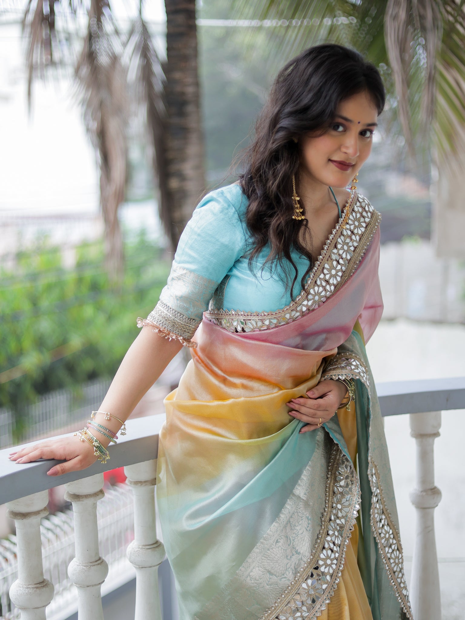 Banarasi  Multi Color Shaded Tissue Saree with Lace Border