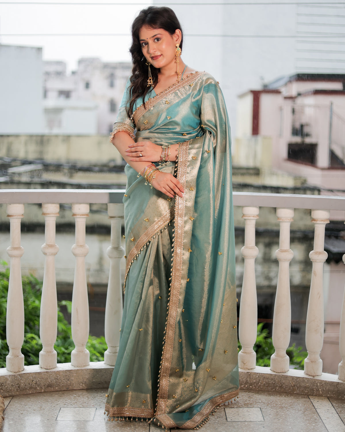 Banarasi Ghungroo Work Tissue Saree with Lace Border - Blue