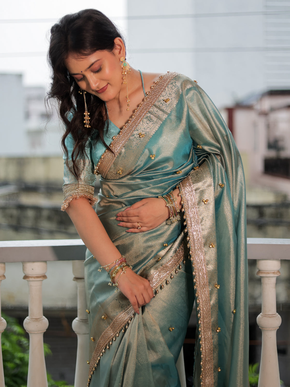 Banarasi Ghungroo Work Tissue Saree with Lace Border - Blue