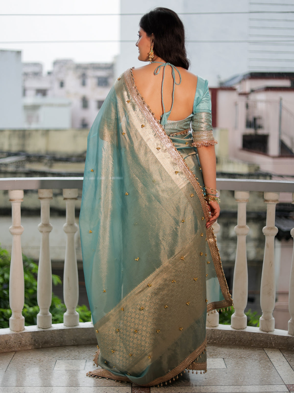 Banarasi Ghungroo Work Tissue Saree with Lace Border - Blue