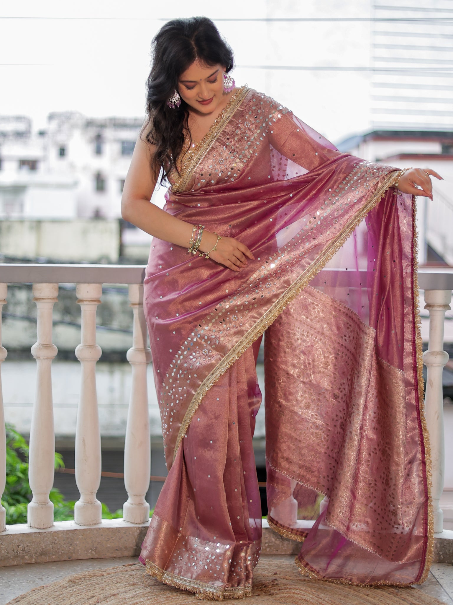 Banarasi Mirror Work Tissue Saree with Lace Border - Mauve