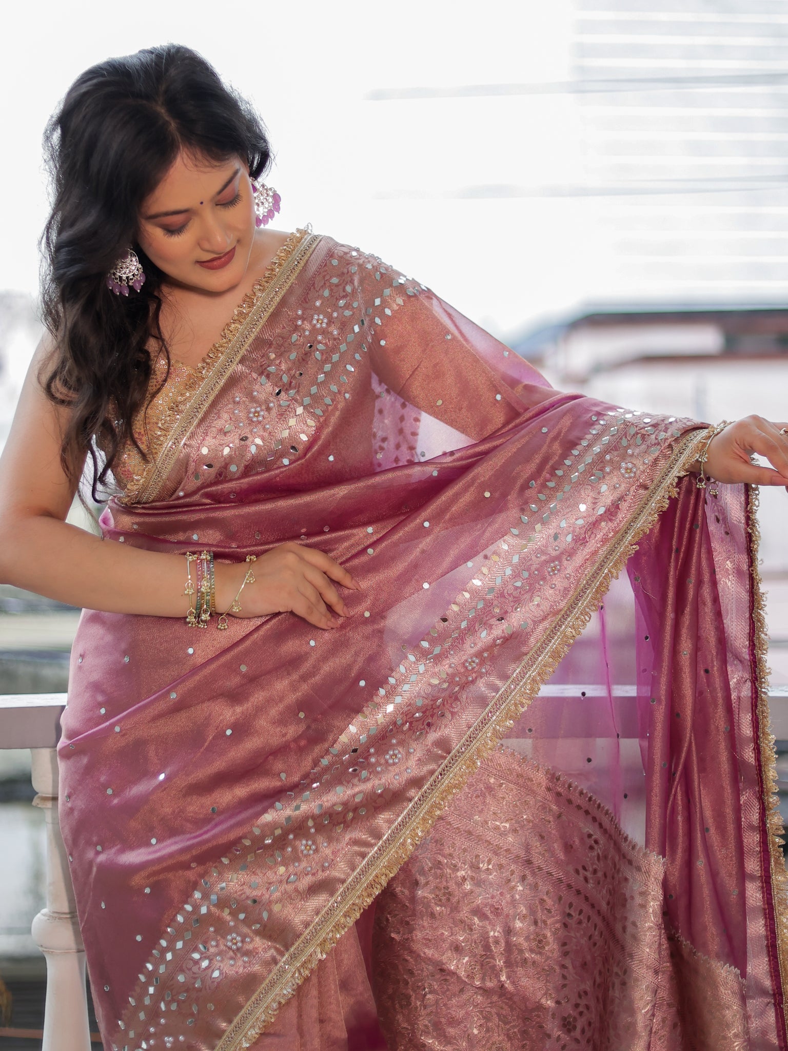 Banarasi Mirror Work Tissue Saree with Lace Border - Mauve