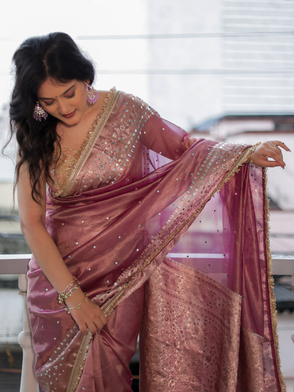 Banarasi Mirror Work Tissue Saree with Lace Border - Mauve