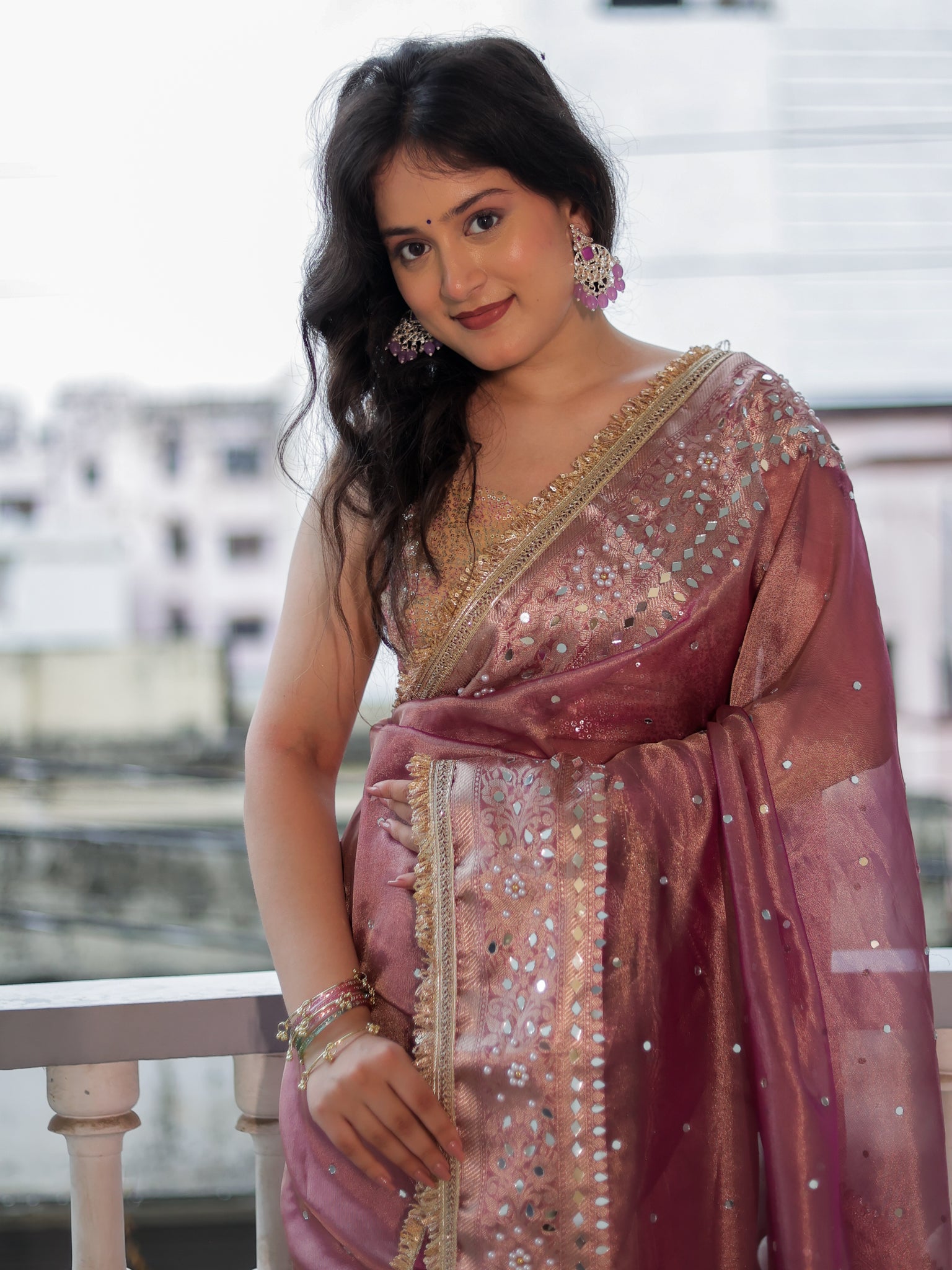 Banarasi Mirror Work Tissue Saree with Lace Border - Mauve