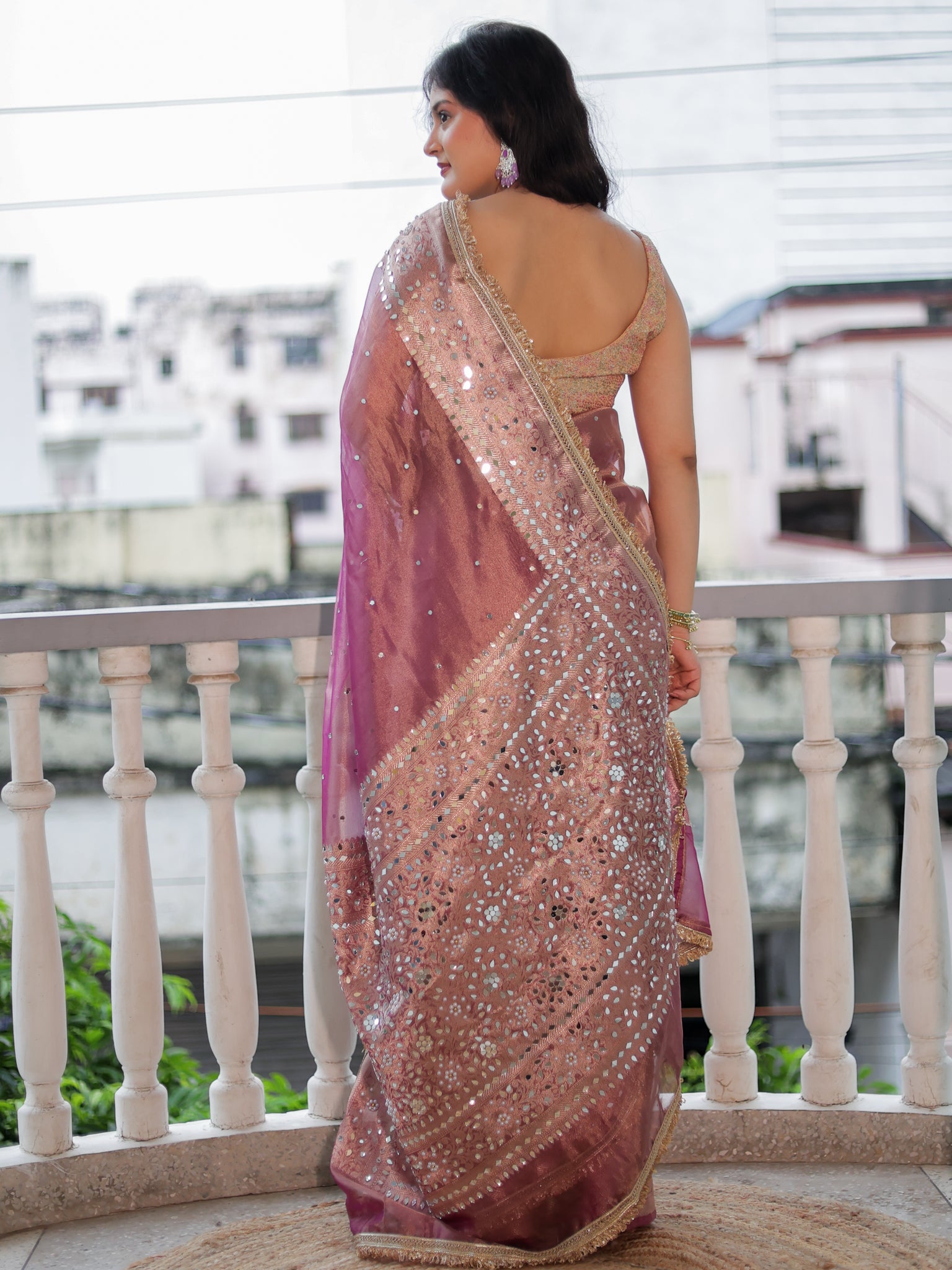Banarasi Mirror Work Tissue Saree with Lace Border - Mauve