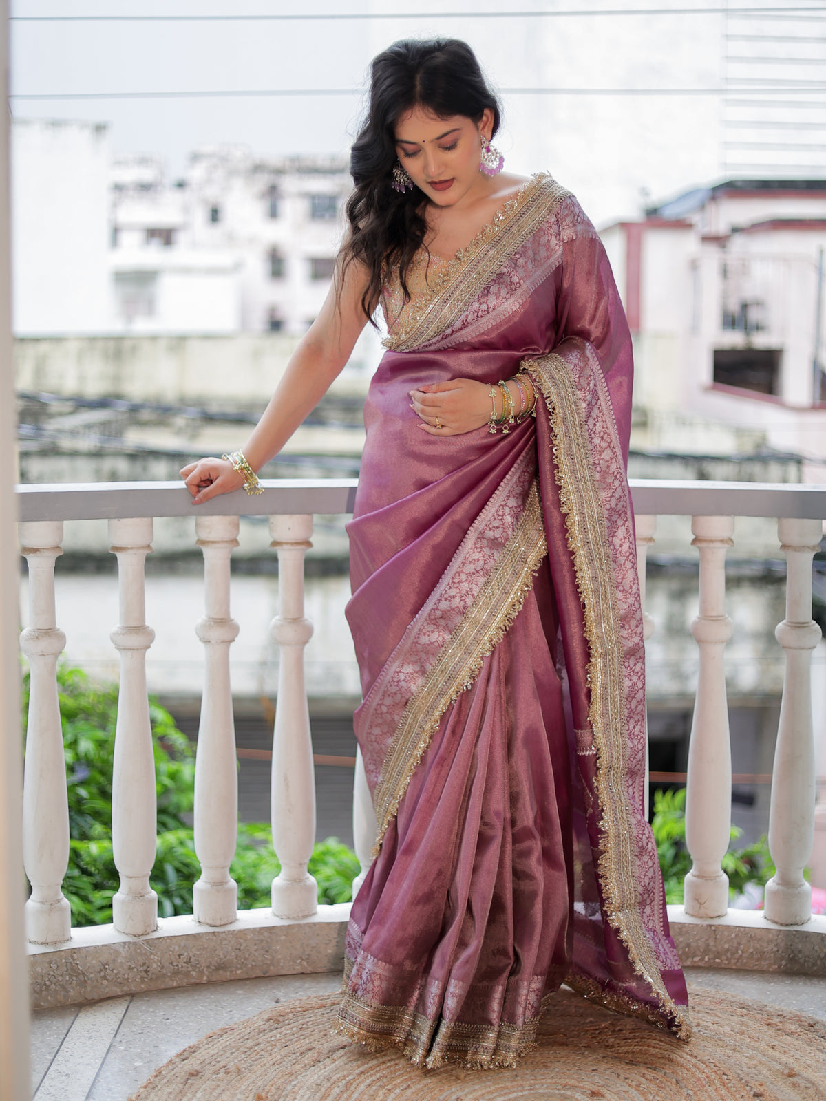 Banarasi Plain Tissue Saree with Lace Border - Mauve