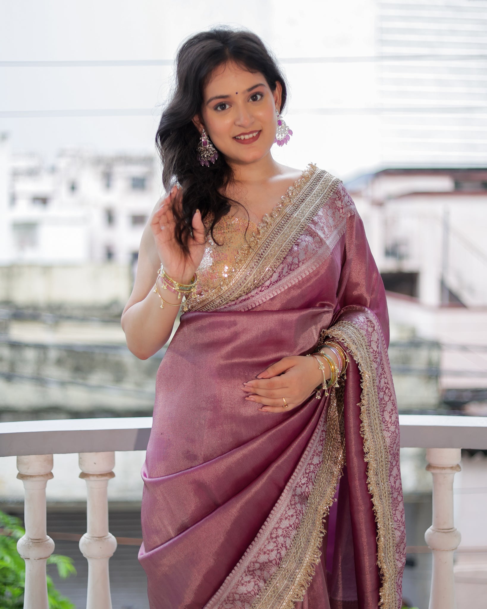 Banarasi Plain Tissue Saree with Lace Border - Mauve