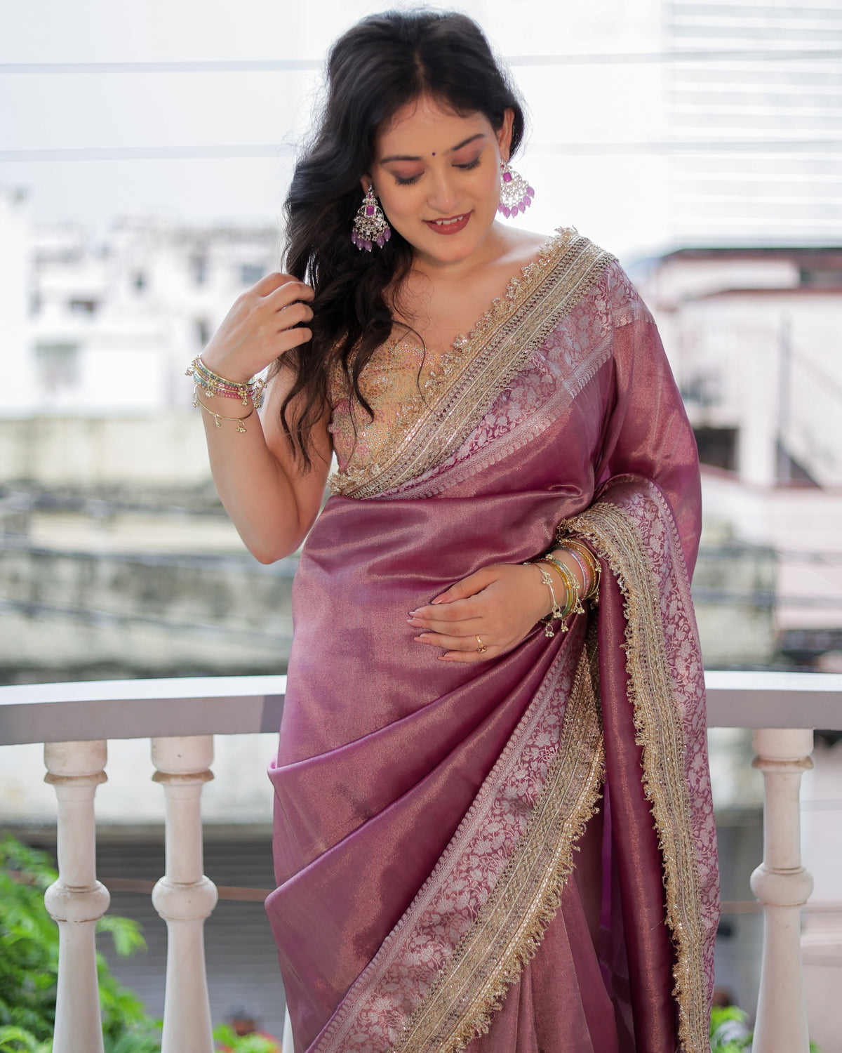 Banarasi Plain Tissue Saree with Lace Border - Mauve