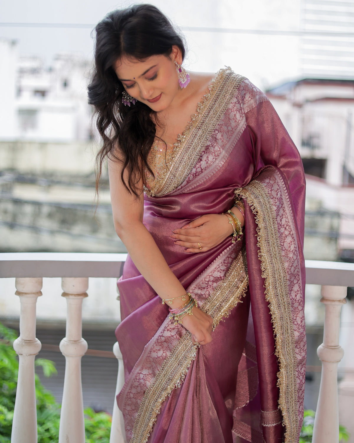 Banarasi Plain Tissue Saree with Lace Border - Mauve