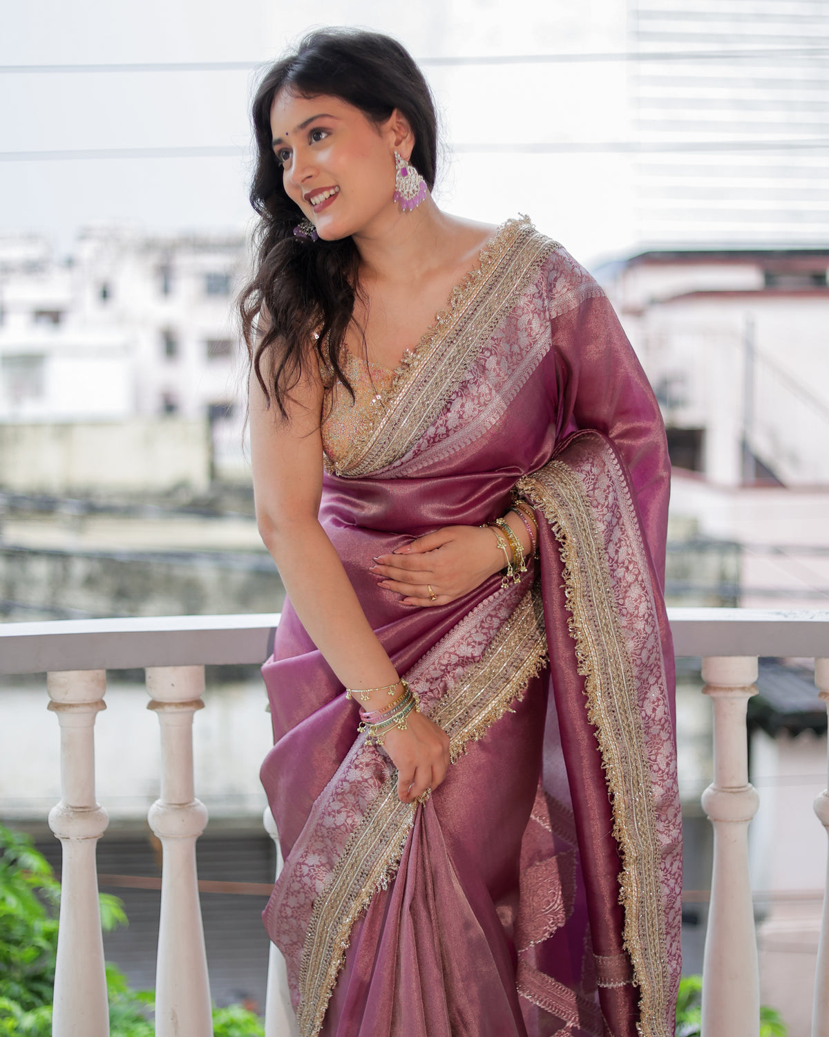 Banarasi Plain Tissue Saree with Lace Border - Mauve