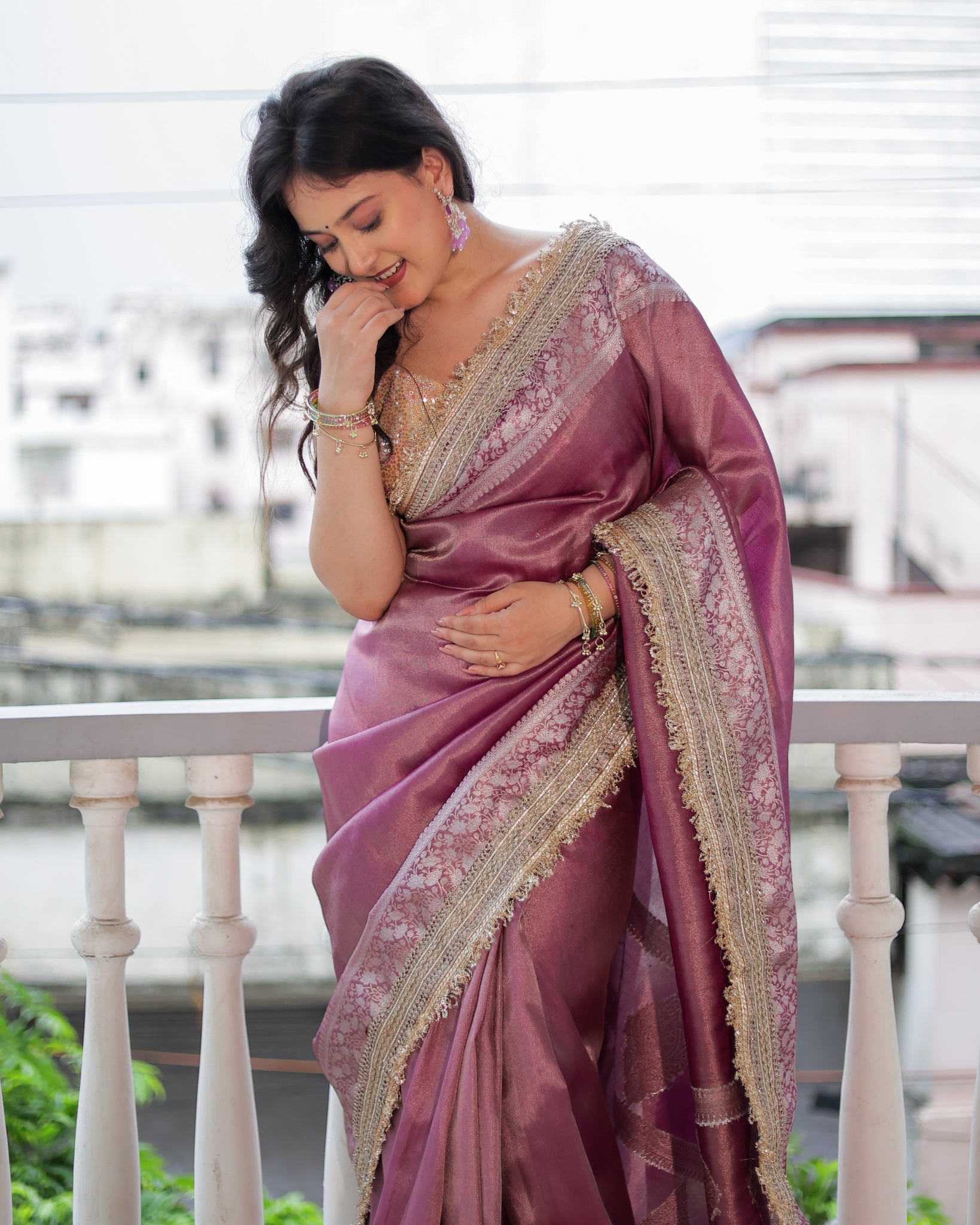 Banarasi Plain Tissue Saree with Lace Border - Mauve