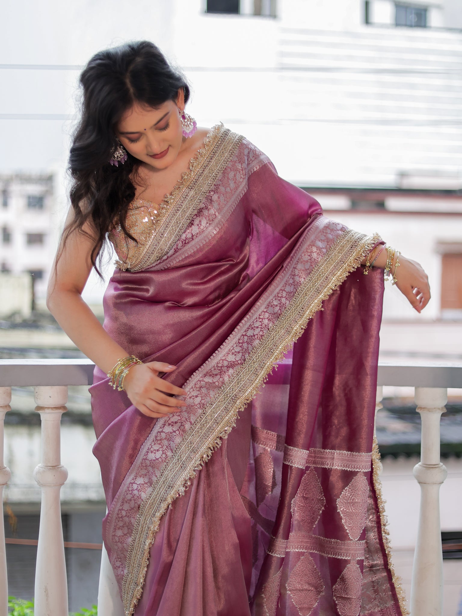 Banarasi Plain Tissue Saree with Lace Border - Mauve