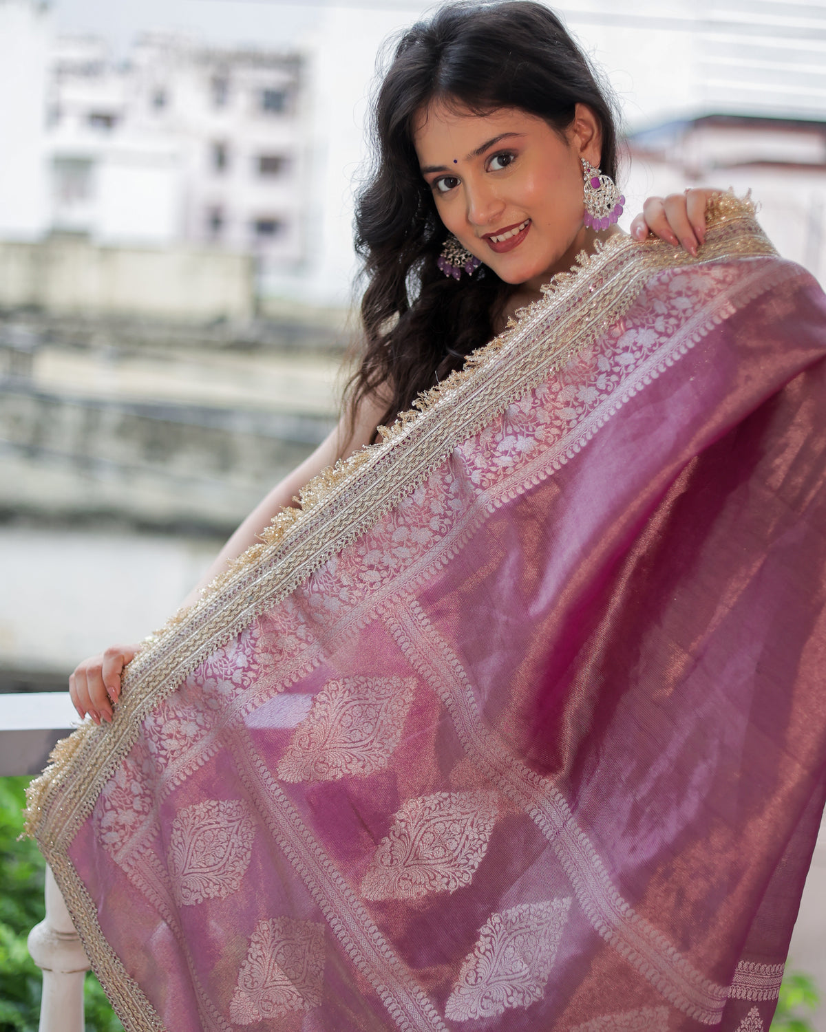 Banarasi Plain Tissue Saree with Lace Border - Mauve