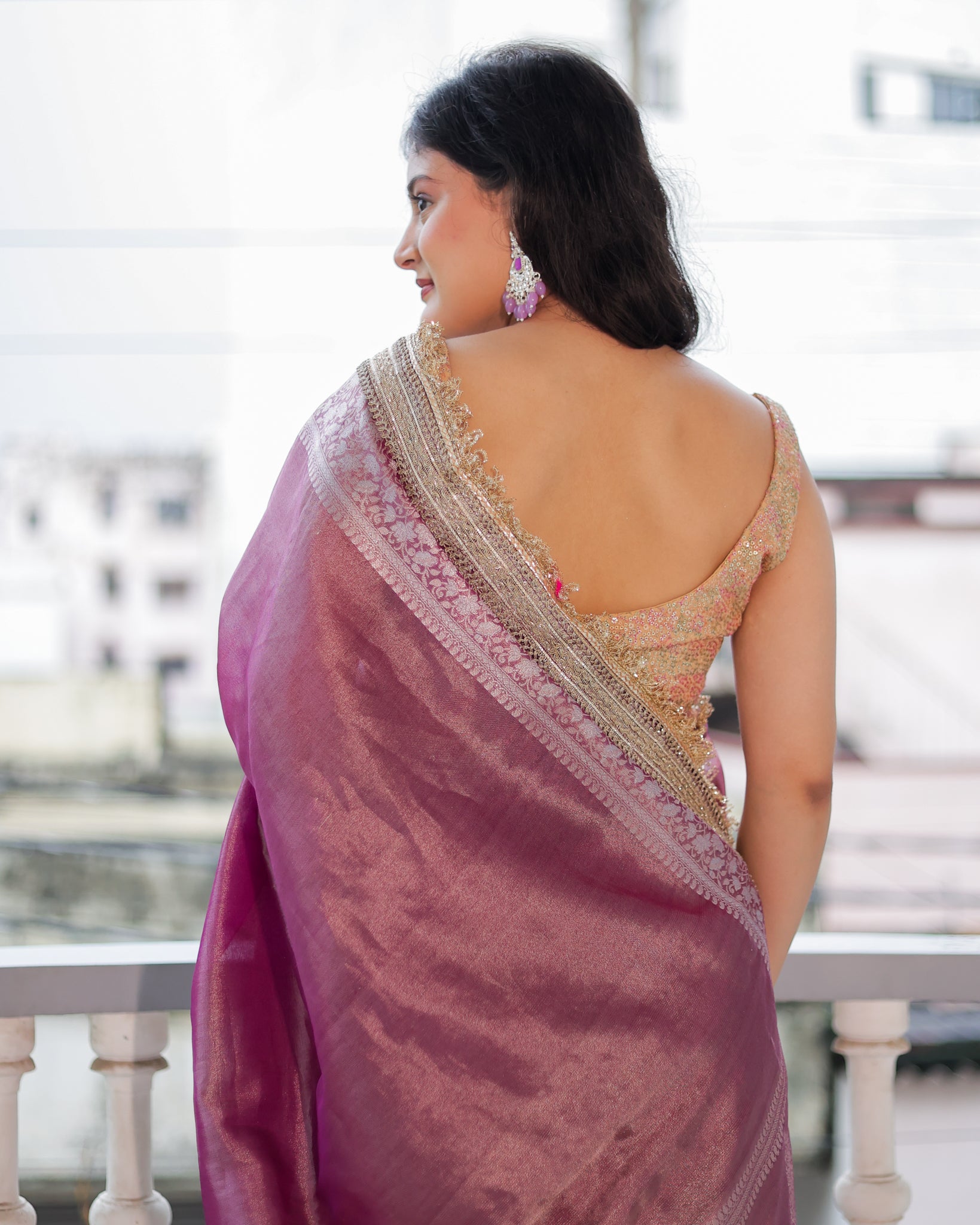 Banarasi Plain Tissue Saree with Lace Border - Mauve