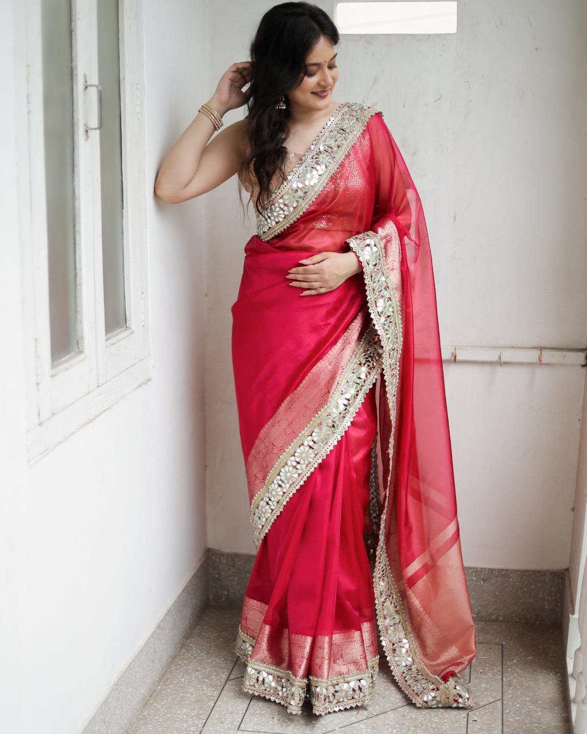 Banarasi Plain Tissue Saree with Lace Border - Magenta