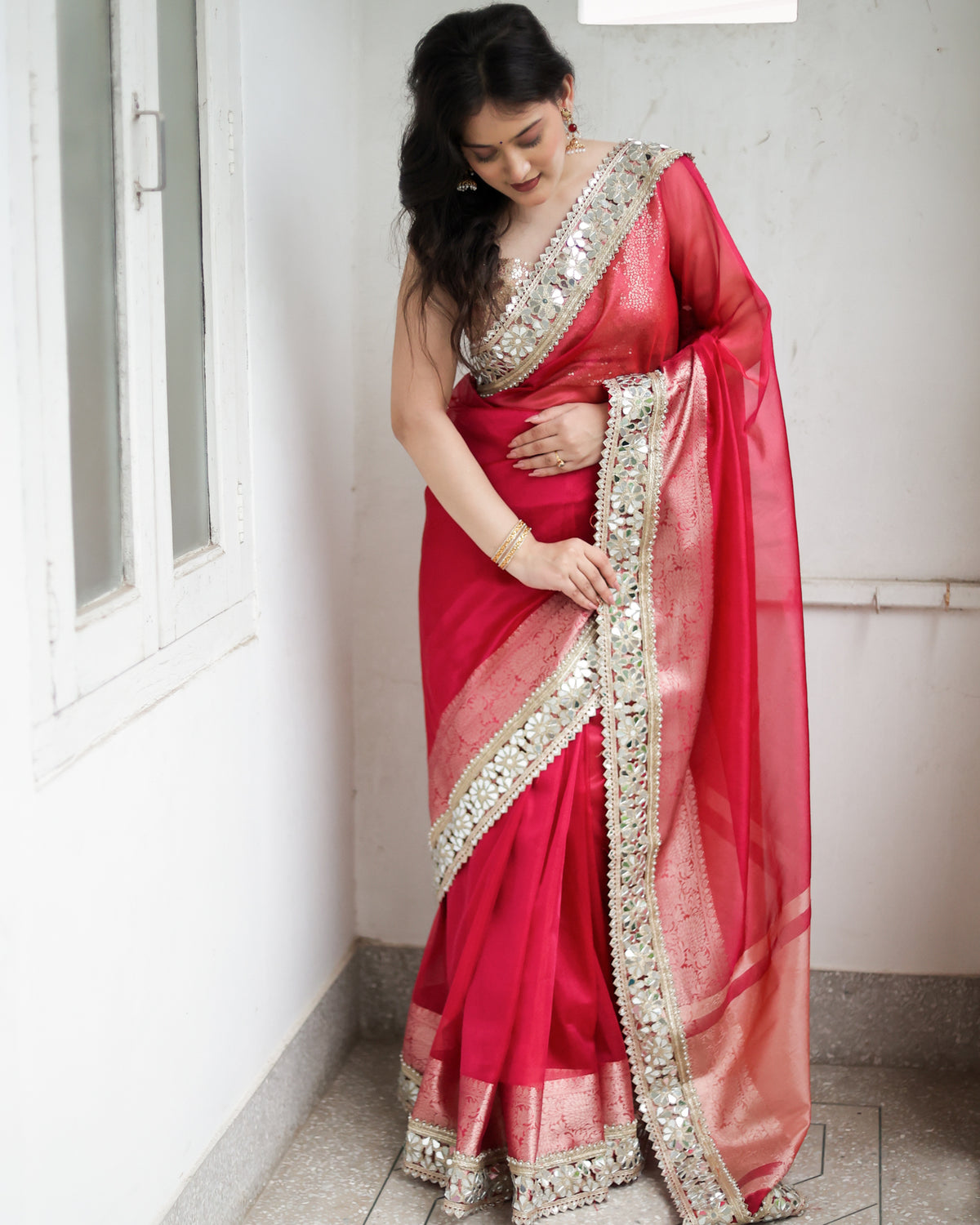 Banarasi Plain Tissue Saree with Lace Border - Magenta