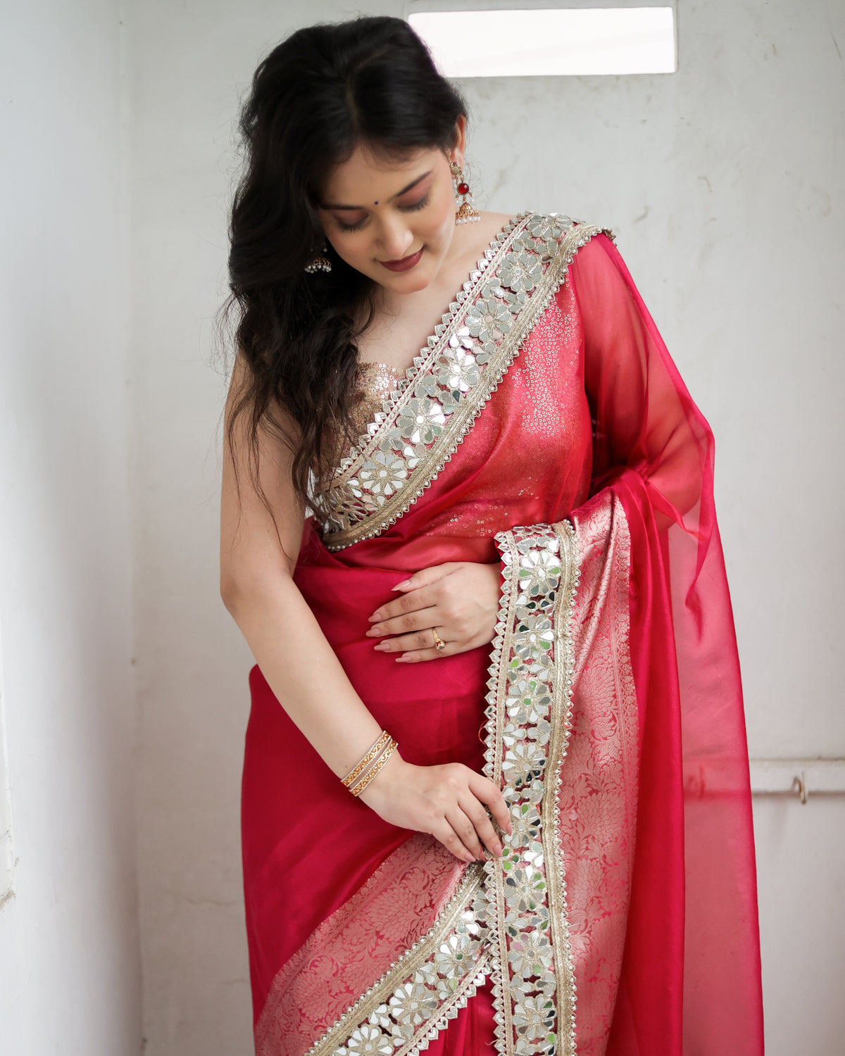 Banarasi Plain Tissue Saree with Lace Border - Magenta