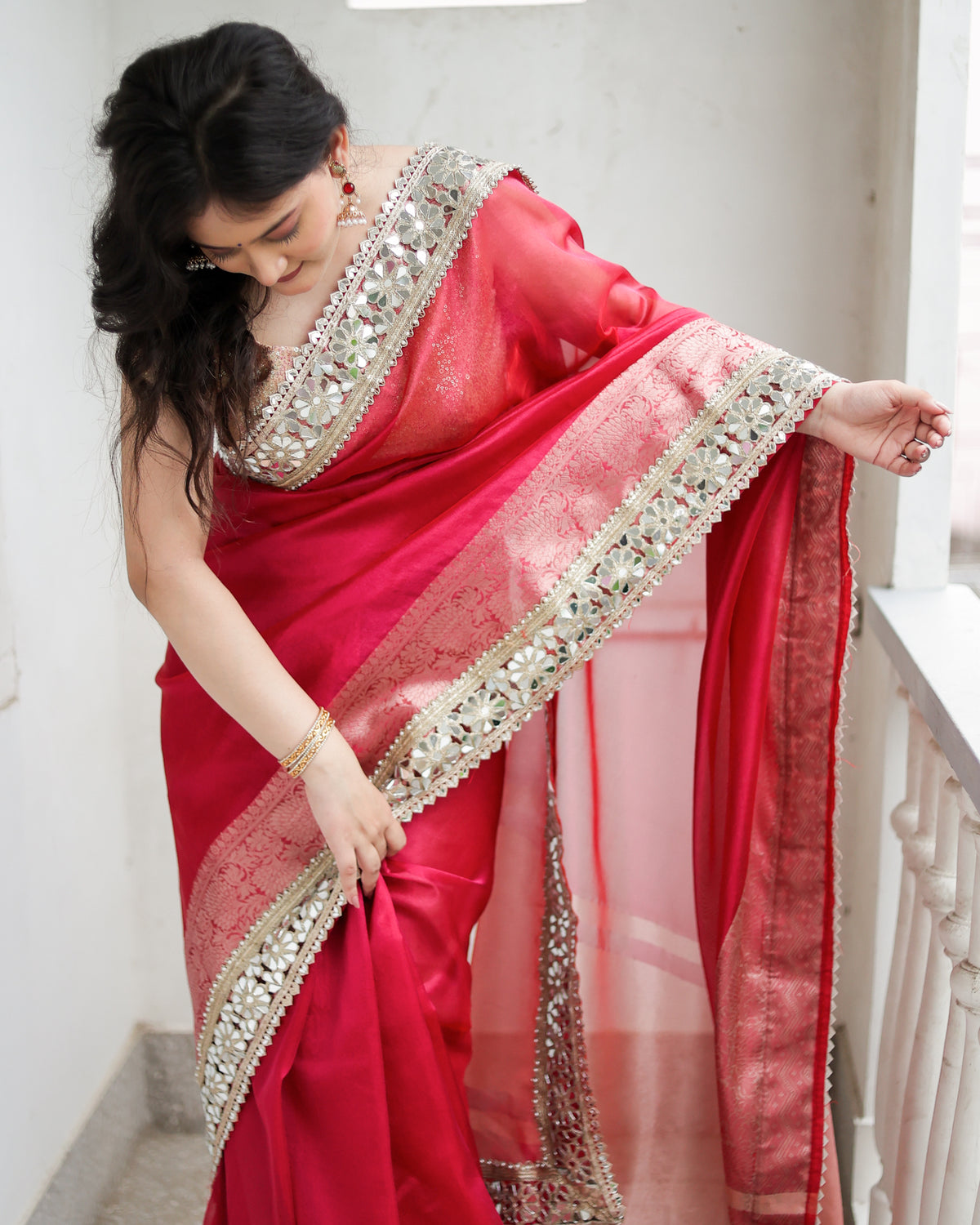 Banarasi Plain Tissue Saree with Lace Border - Magenta