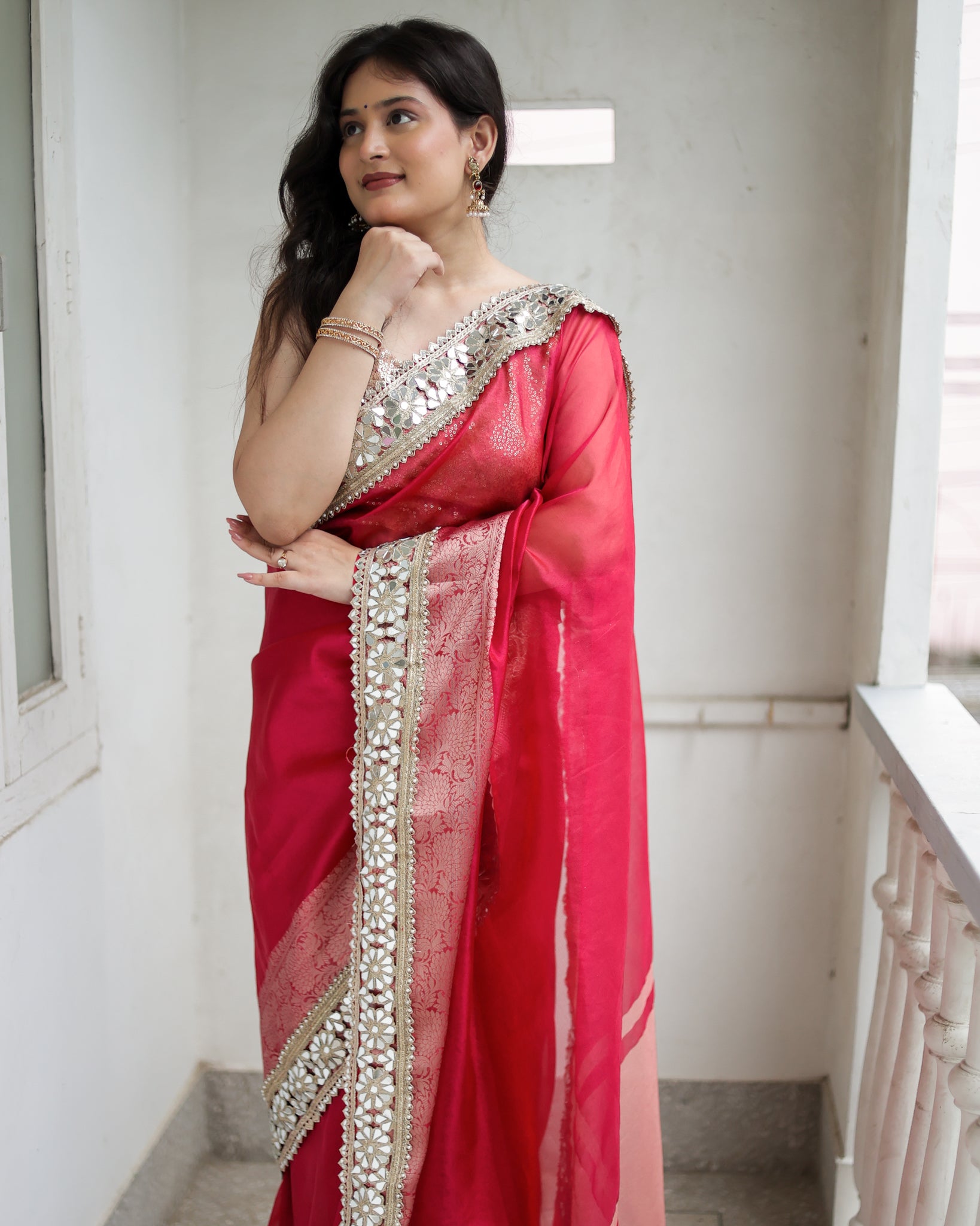 Banarasi Plain Tissue Saree with Lace Border - Magenta