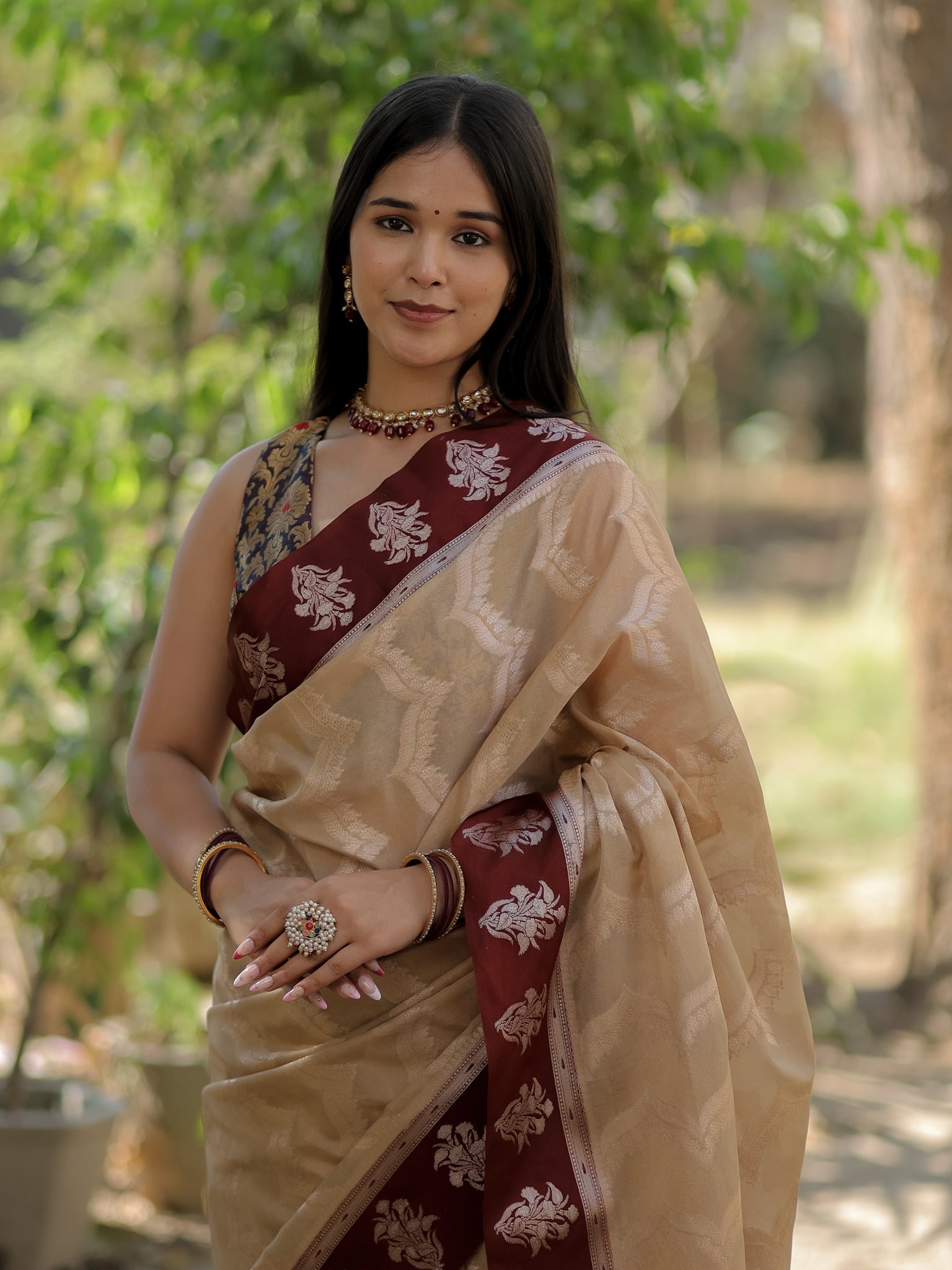 Banarasi Semi Silk Saree With Silver Zari Weaving & Contrast Border- Beige